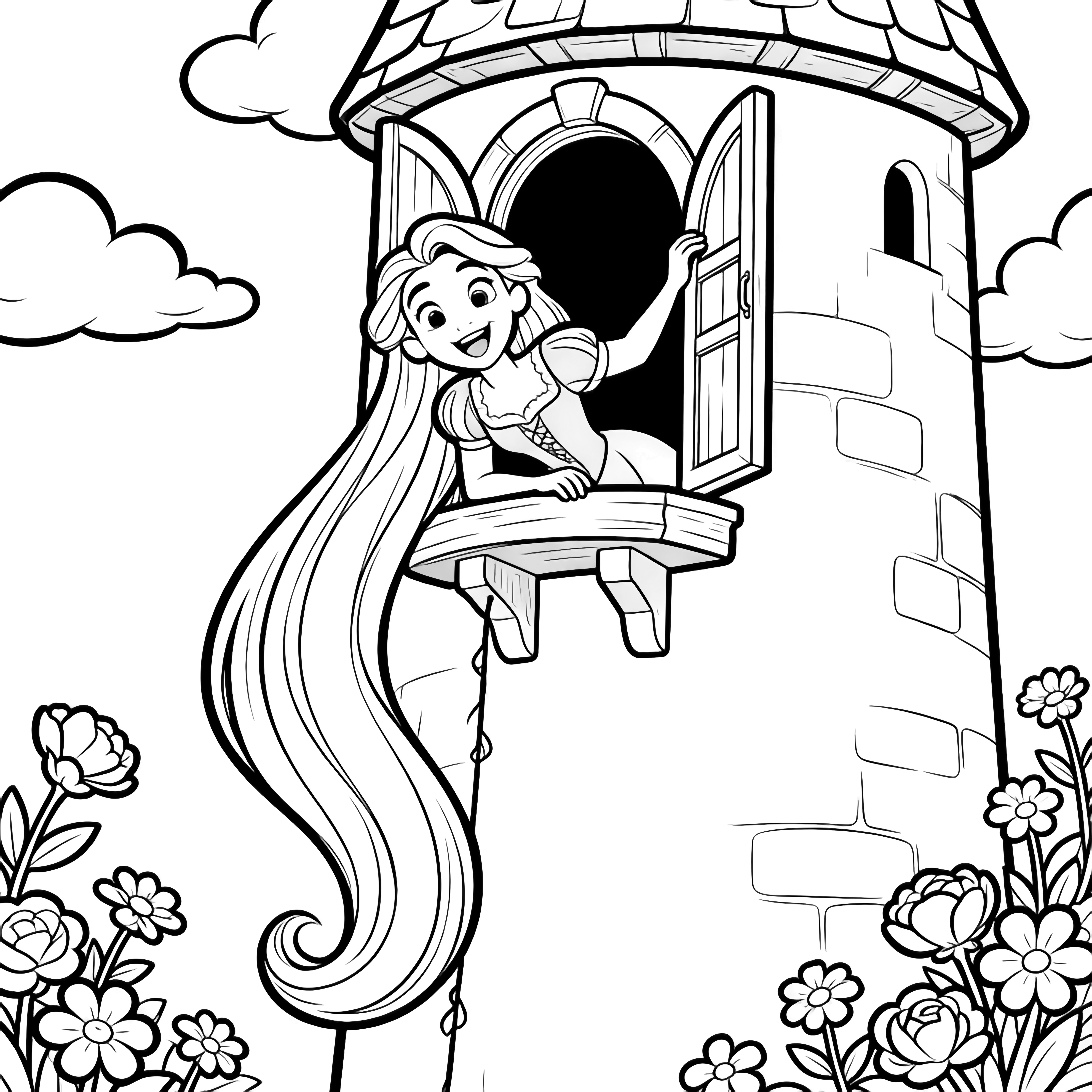 Rapunzel leunt vrolijk uit het torenraam, haar lange haar stroomt naar beneden, omkaderd door eenvoudige bloemen en wolken. kleurplaat