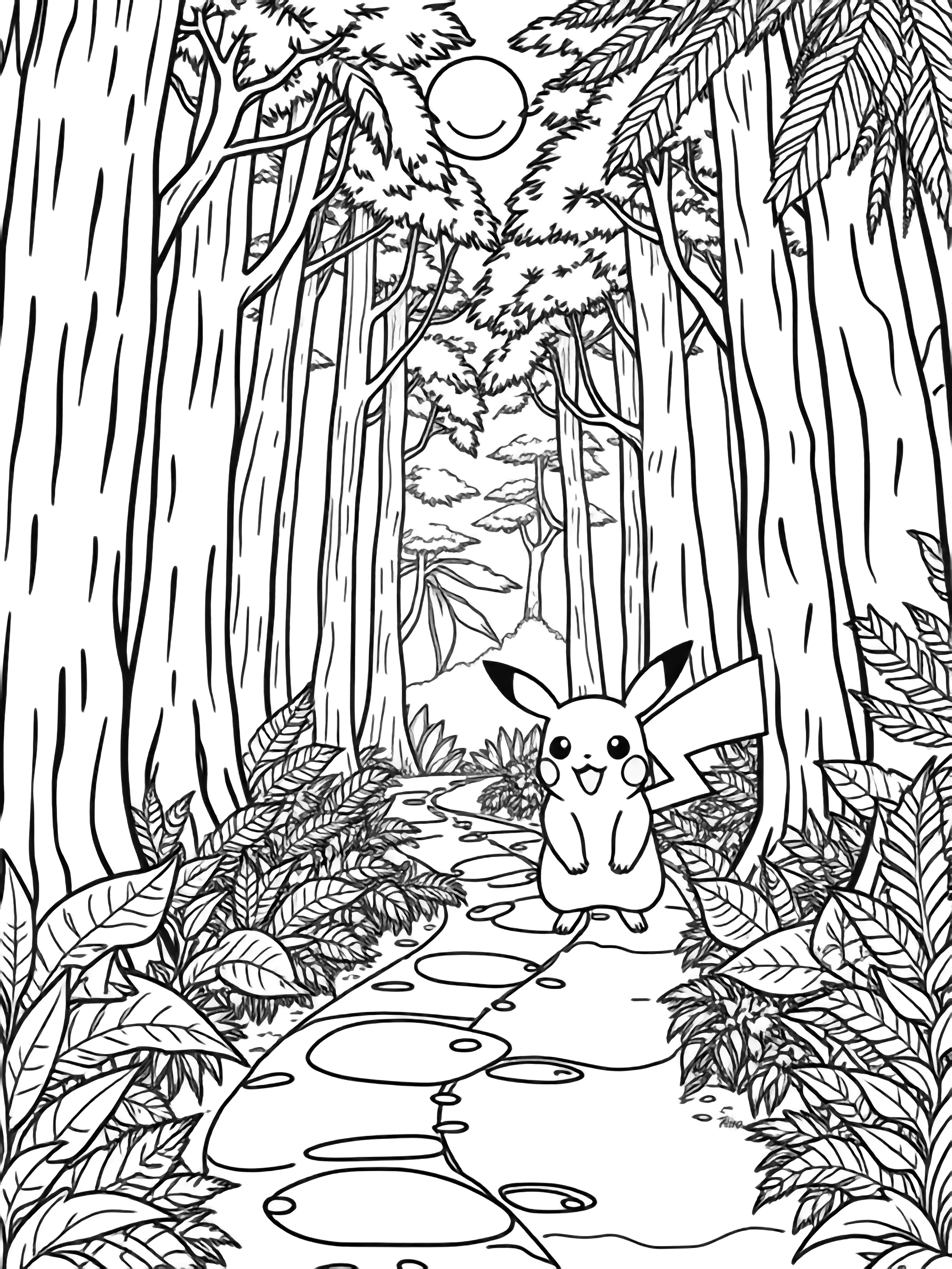 Ash en Pikachu lopen samen over een kronkelend bospaadje, omgeven door hoge bomen en varens, onder een vrolijke zon. kleurplaat