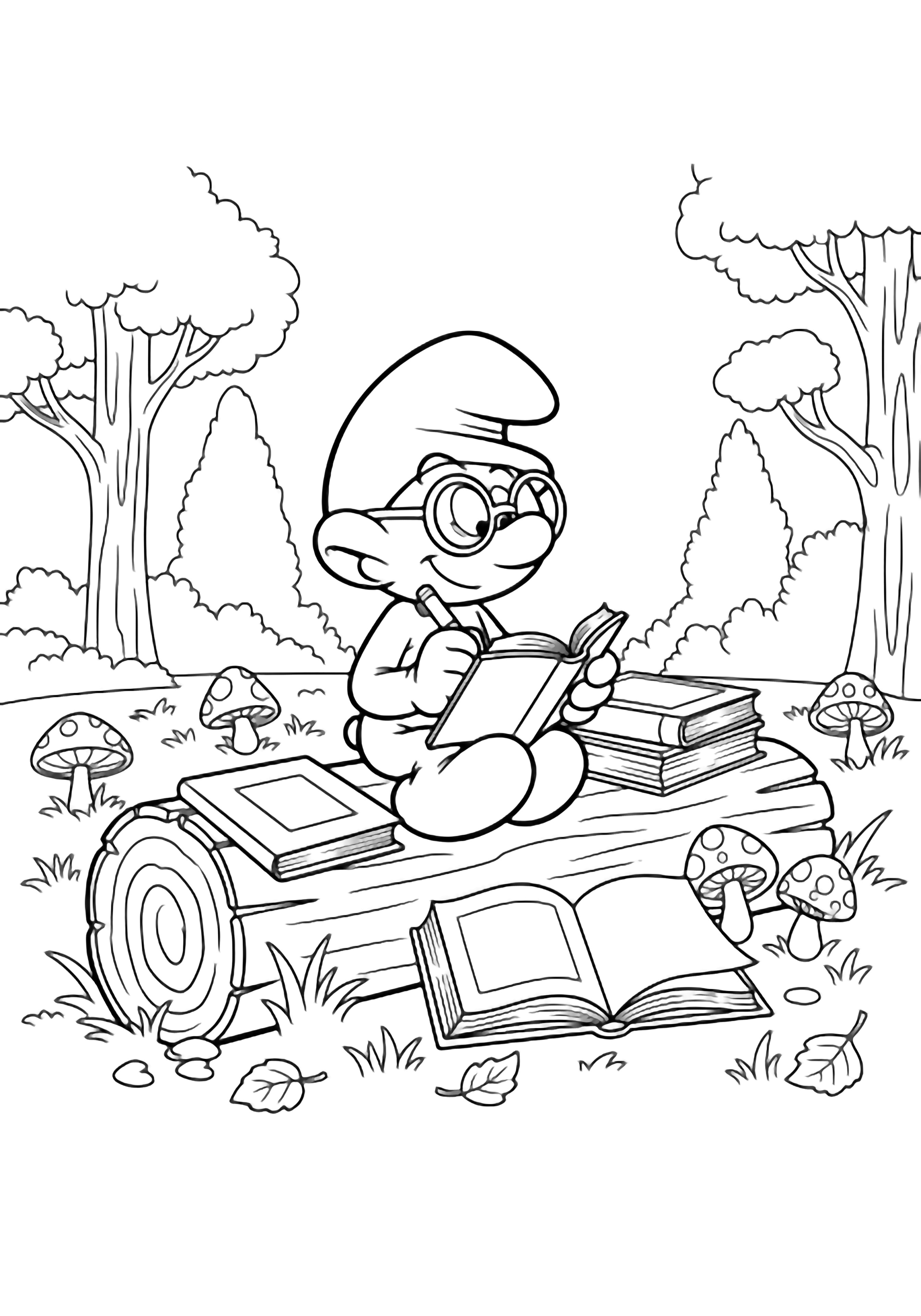 Brainy Smurf cross-legged on a log writing in an open notebook, round glasses, book stack beside him, fallen leaves, grass, mushrooms, simple trees behind kleurplaat