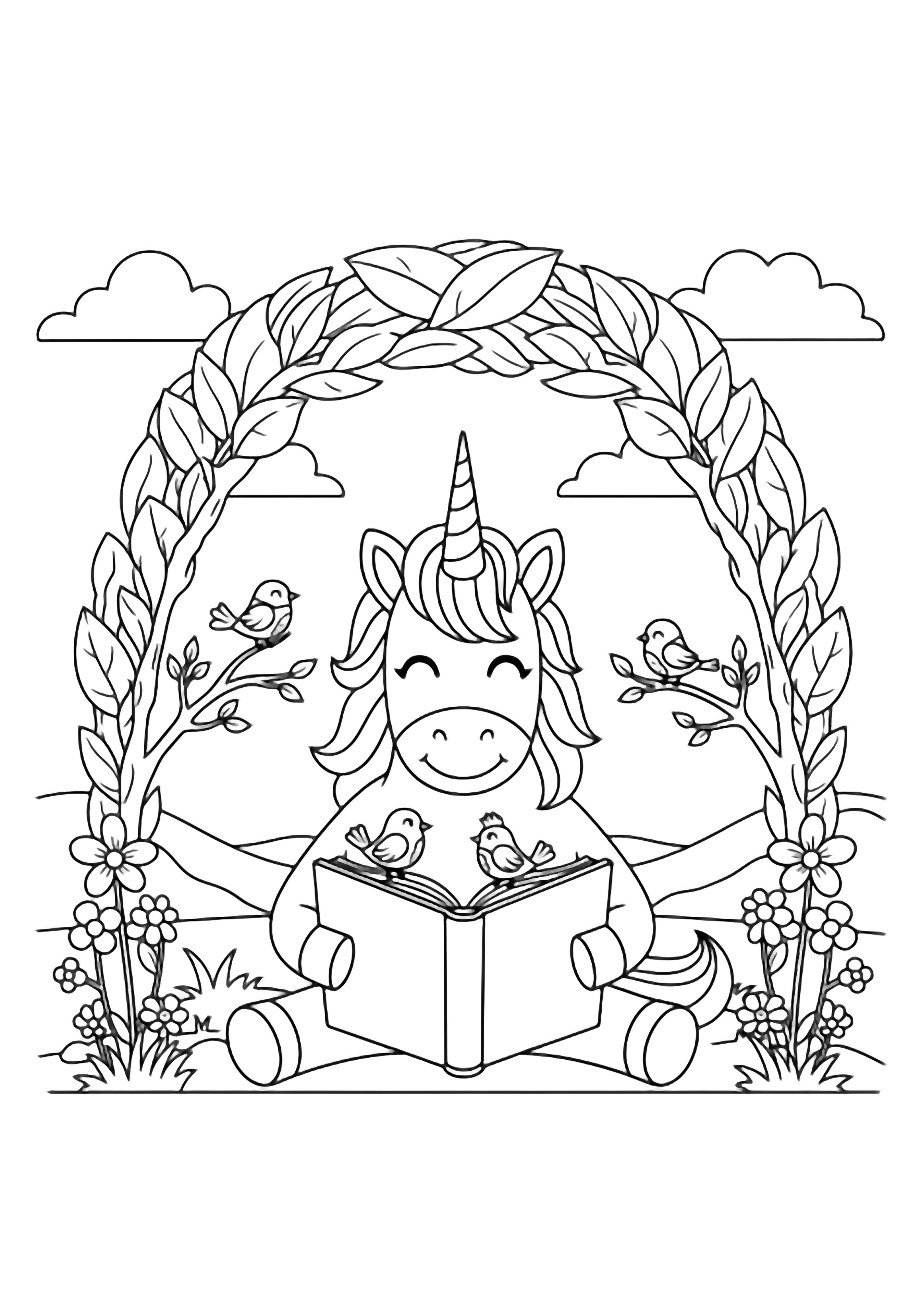 A smiling unicorn sits beneath a leafy arch, reading an open book while three tiny birds perch on its pages and twigs, surrounded by flowers, clouds, and rolling hills. kleurplaat