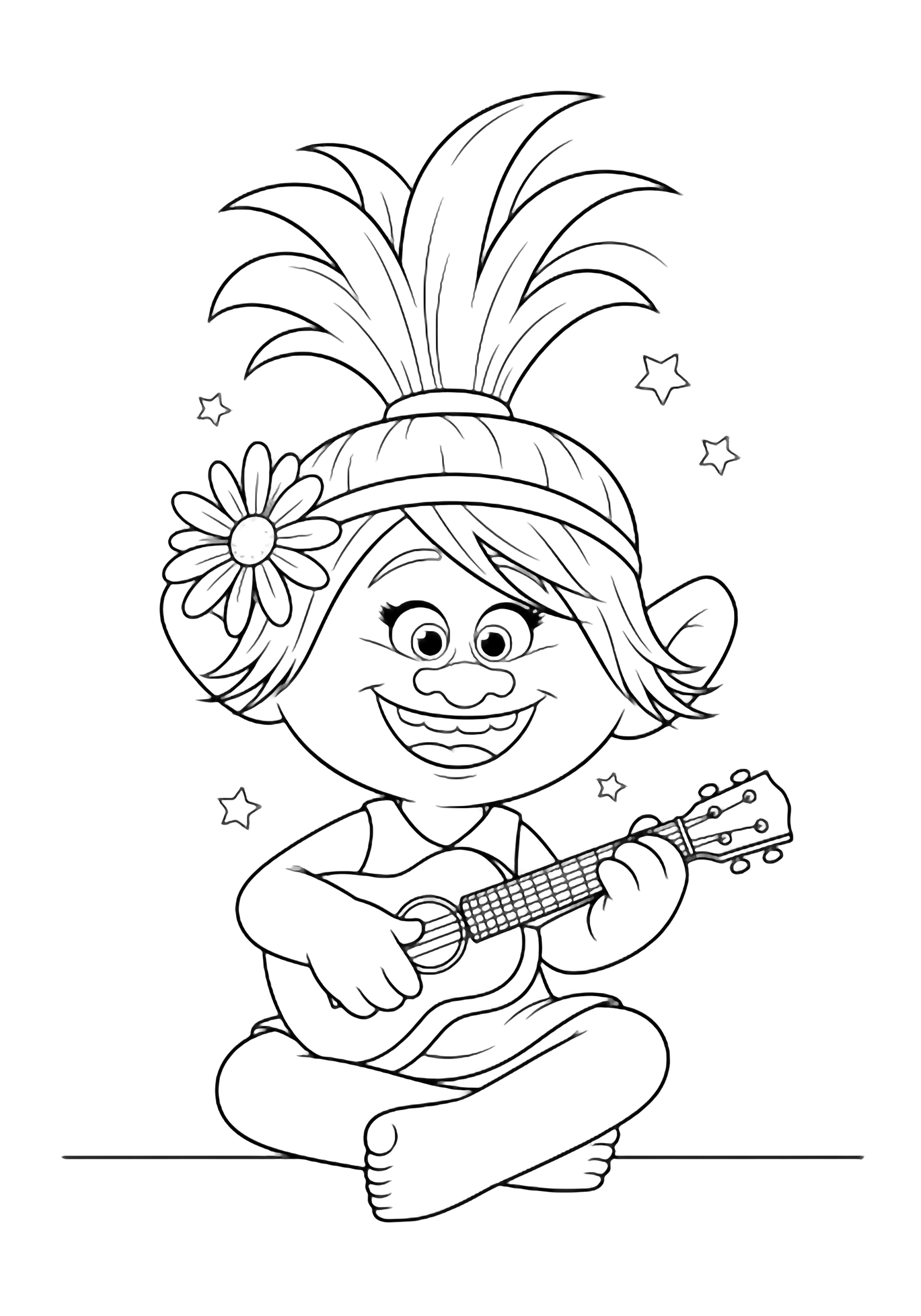 Cheerful troll Poppy sits cross-legged, strumming a ukulele, daisy behind ear, tiny stars drifting around her. kleurplaat