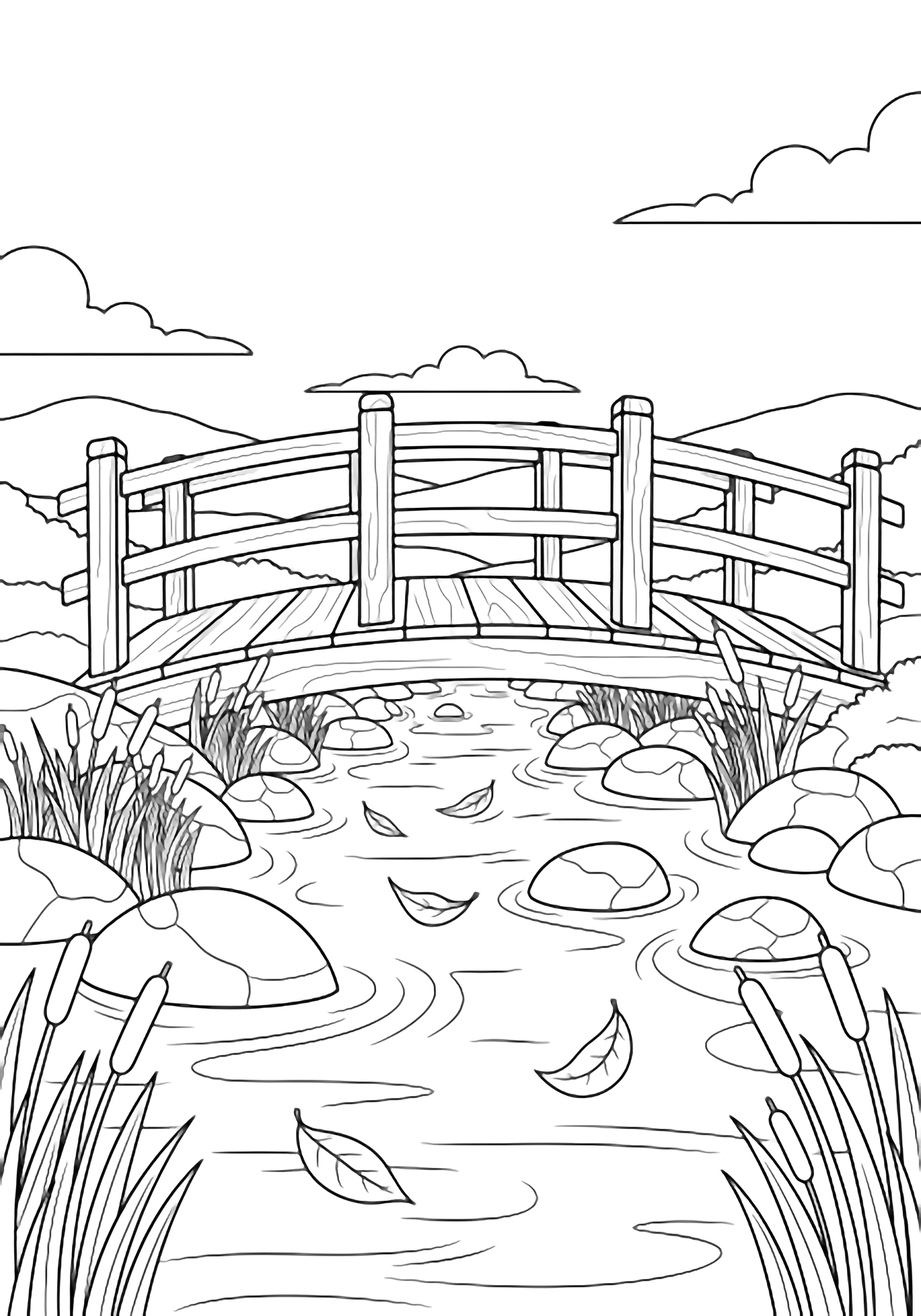 A wooden bridge with railings crosses a calm river; stones and cattails dot the banks, drifting leaves on the water, distant hills and clouds behind. kleurplaat