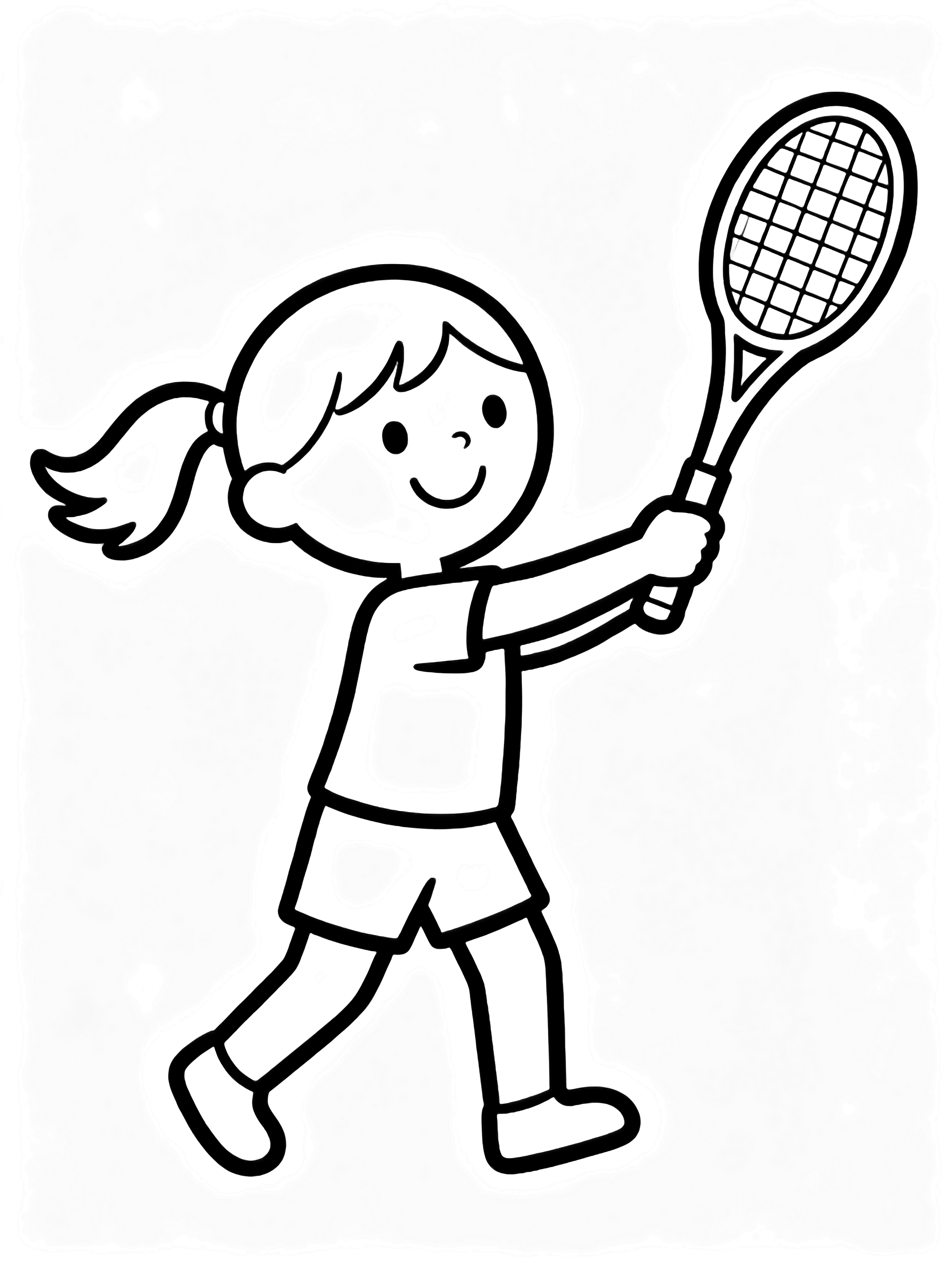 A happy child mid-swing, ponytail flying, holding a round racket, wearing simple clothes, isolated on white. kleurplaat