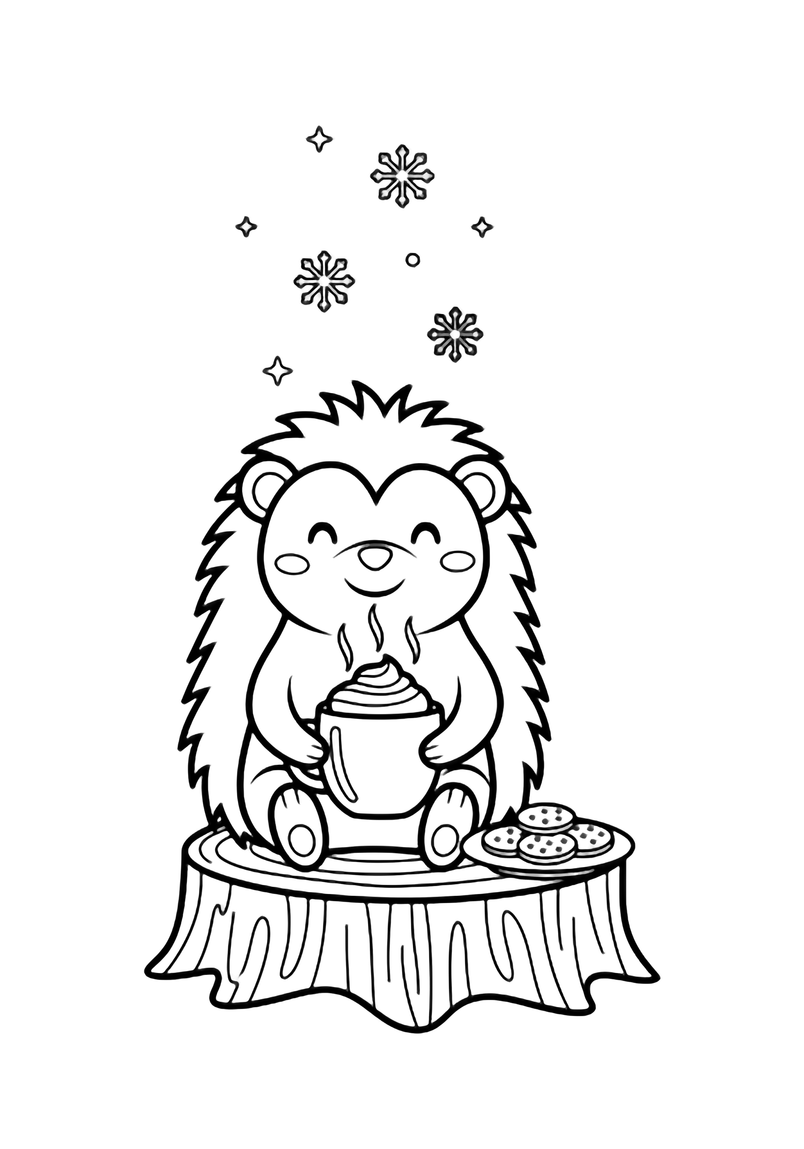 A smiling hedgehog on a stump cradles a steaming mug with whipped-cream swirls; cookies on a plate beside him while snowflakes drift above. kleurplaat
