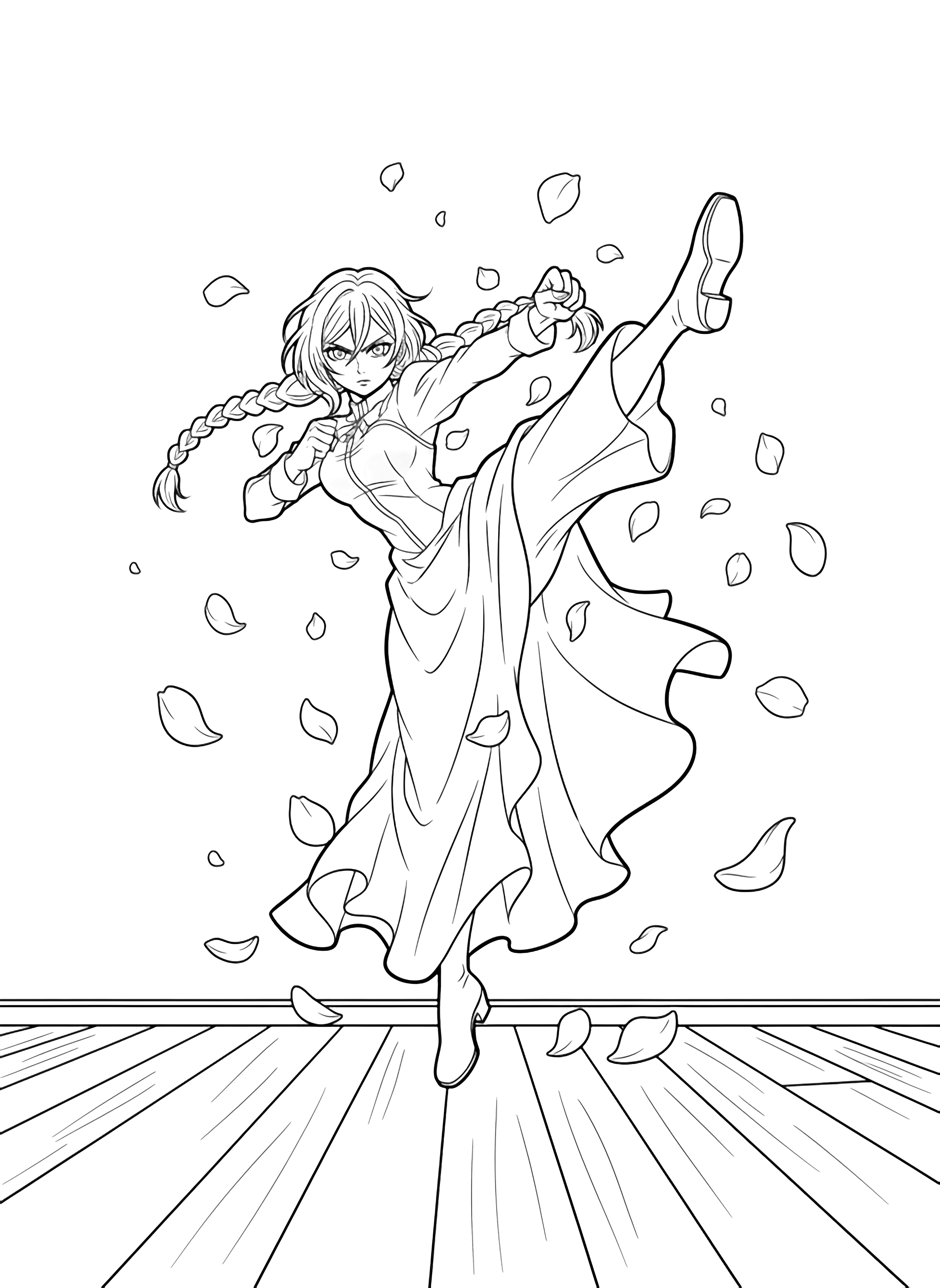 Yor Forger mid-kick in a flowing dress, rose petals drifting around her, simple floorboards and plain wall behind. kleurplaat