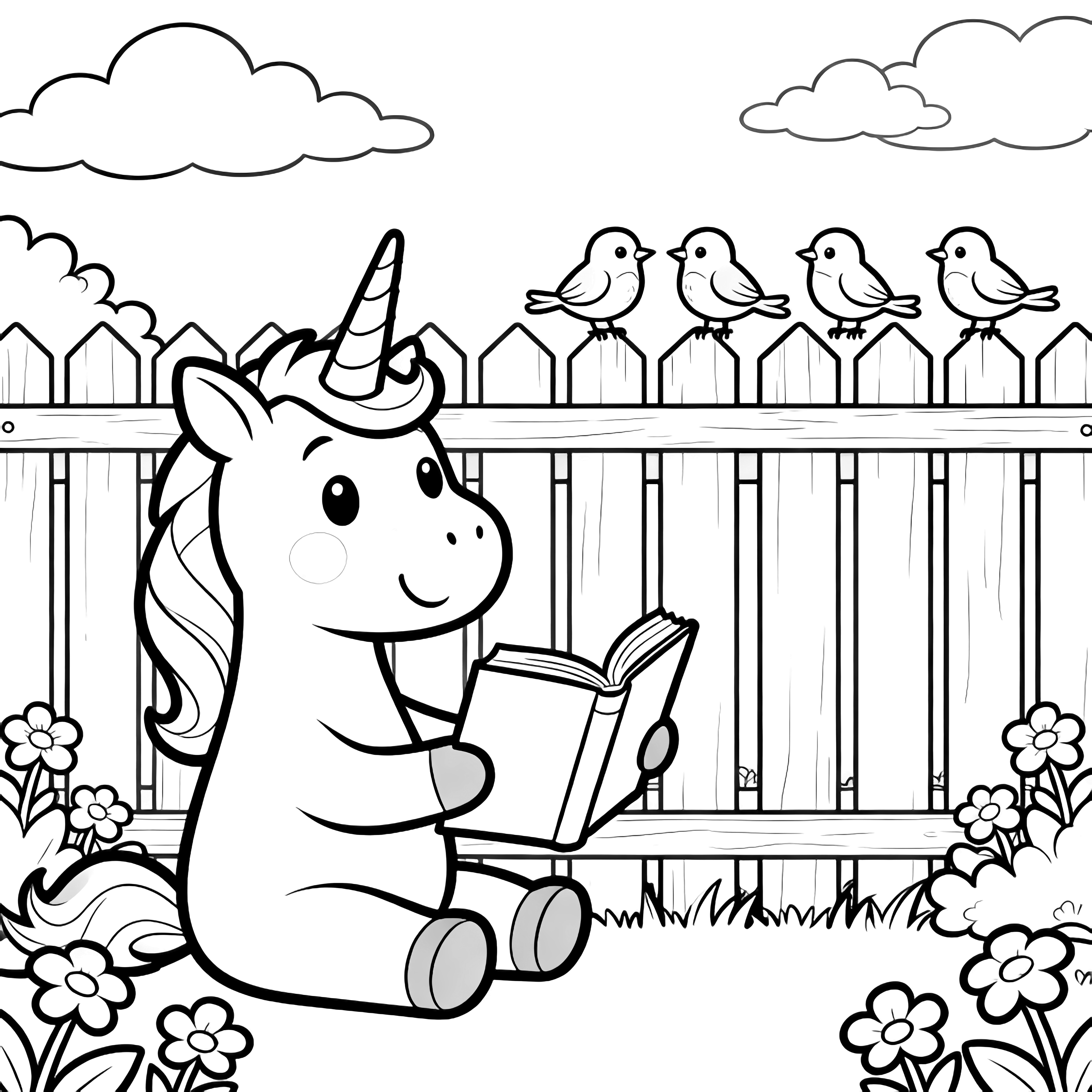 A smiling unicorn sits by a picket fence, showing an open book to five small birds perched on the rail, framed by clouds and flowers. kleurplaat
