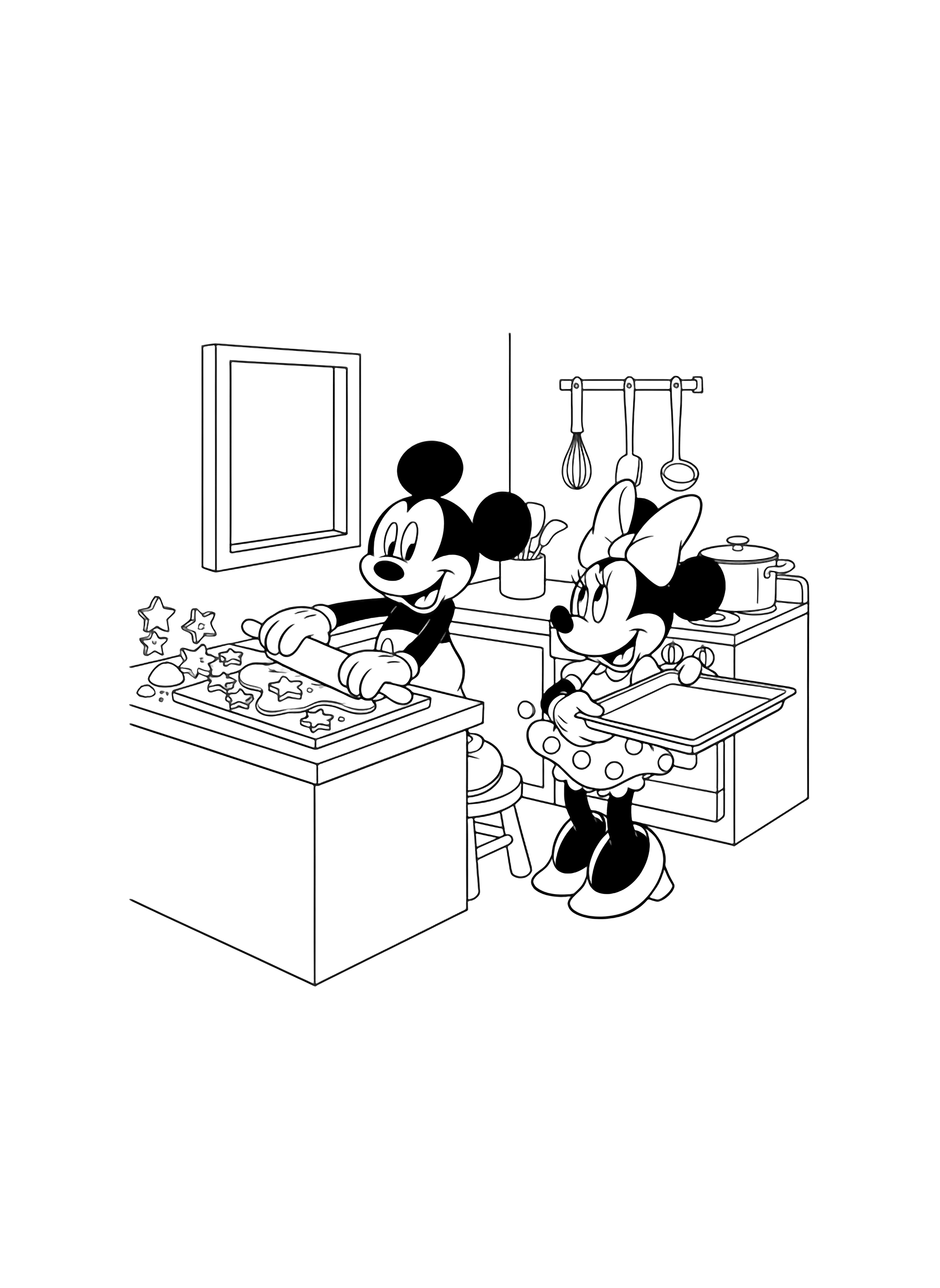 Mickey stands on a stool rolling star cookie dough at a counter; Minnie holds a tray beside a stove and utensils near a window. kleurplaat