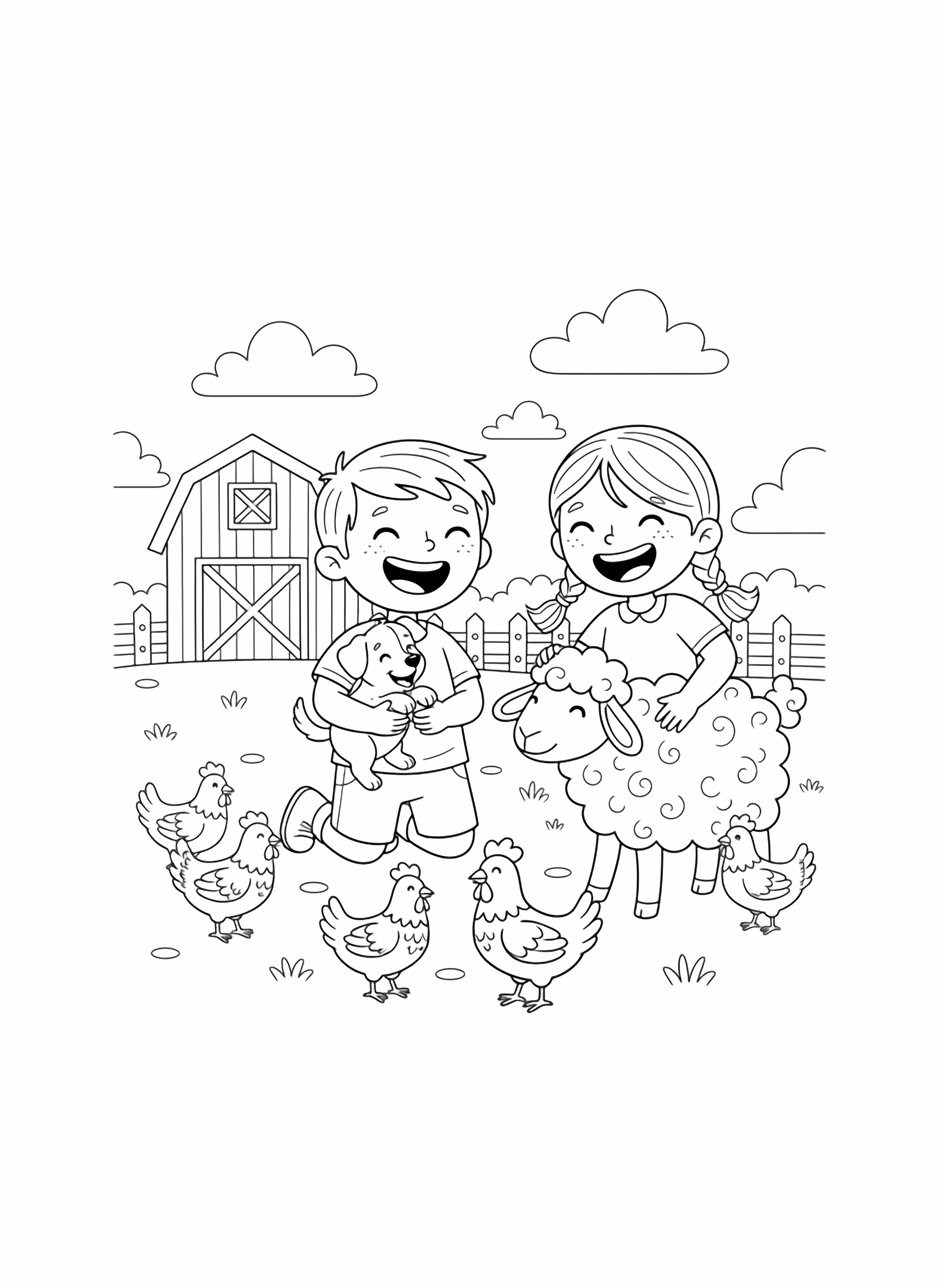 A black andro white page of a cheerful farmyard scene Two kids a boy and a girl are laughing as they play with friendly animals The boy holds a playful puppy that is wagging its tail while the other pets a fluffy sheep There are chickens clucking around their feet a content clean black and white line drawing minimal shading no colour no fill kleurplaat