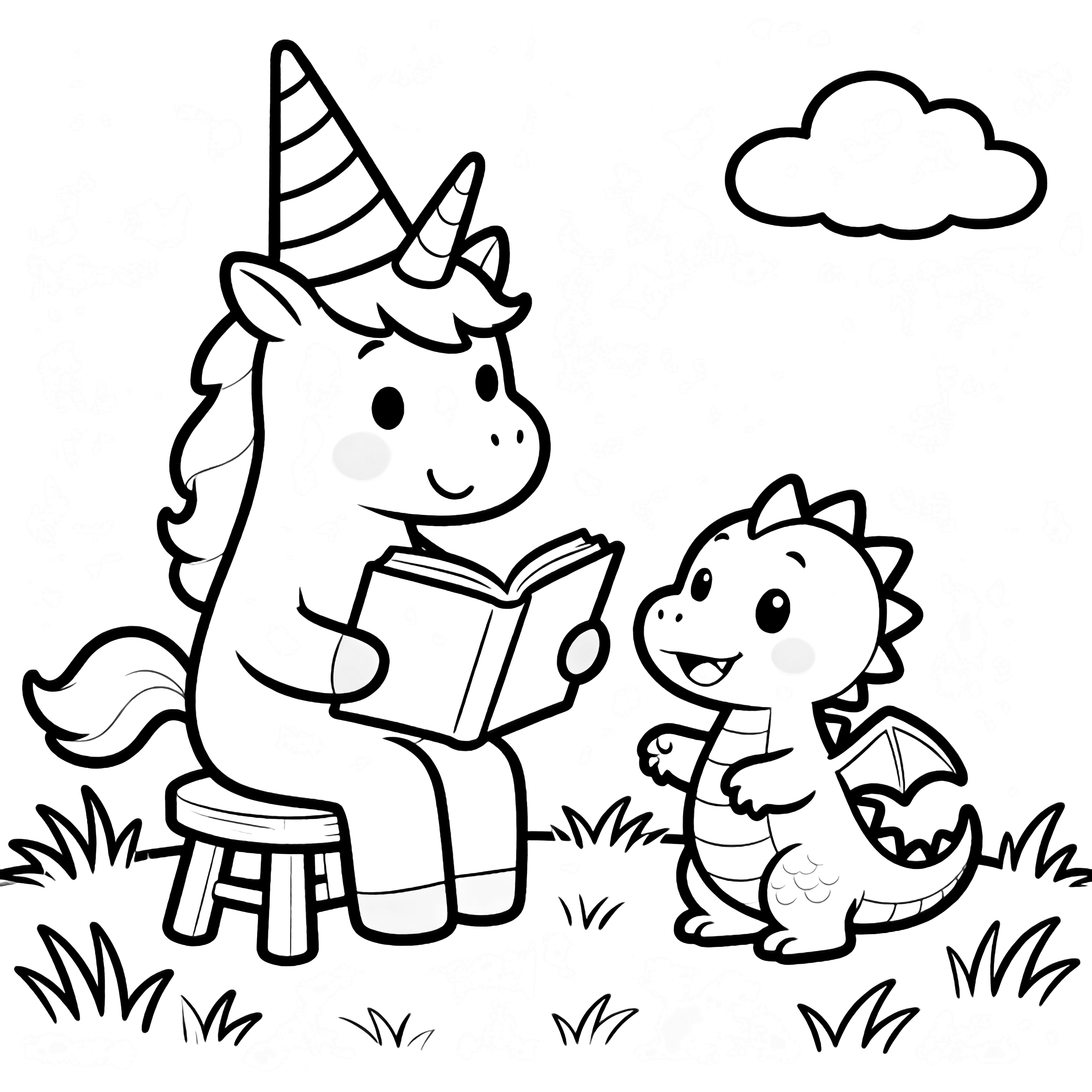 A smiling unicorn in a tall striped hat reads to a cheerful baby dragon on a tiny stool; simple grass and one cloud behind them. kleurplaat