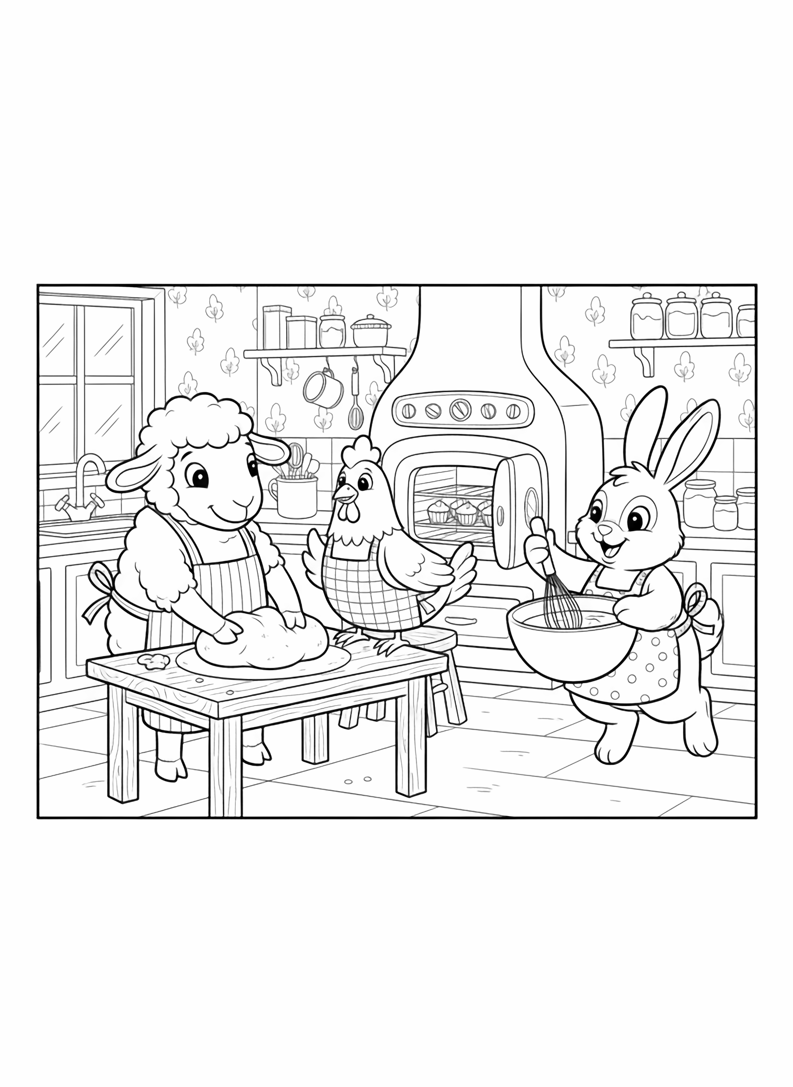 A black and white page showing a cheerful sheep a happy chicken and a bouncy rabbit wearing tiny aprons inside a cozy kitchen The sheep is kneading dough on a floured table the chicken is carefully placing cupcakes into a round oven and the rabbit is whisking batter in a big bowl with clean black and white line drawing minimal shading no colour no fill kleurplaat