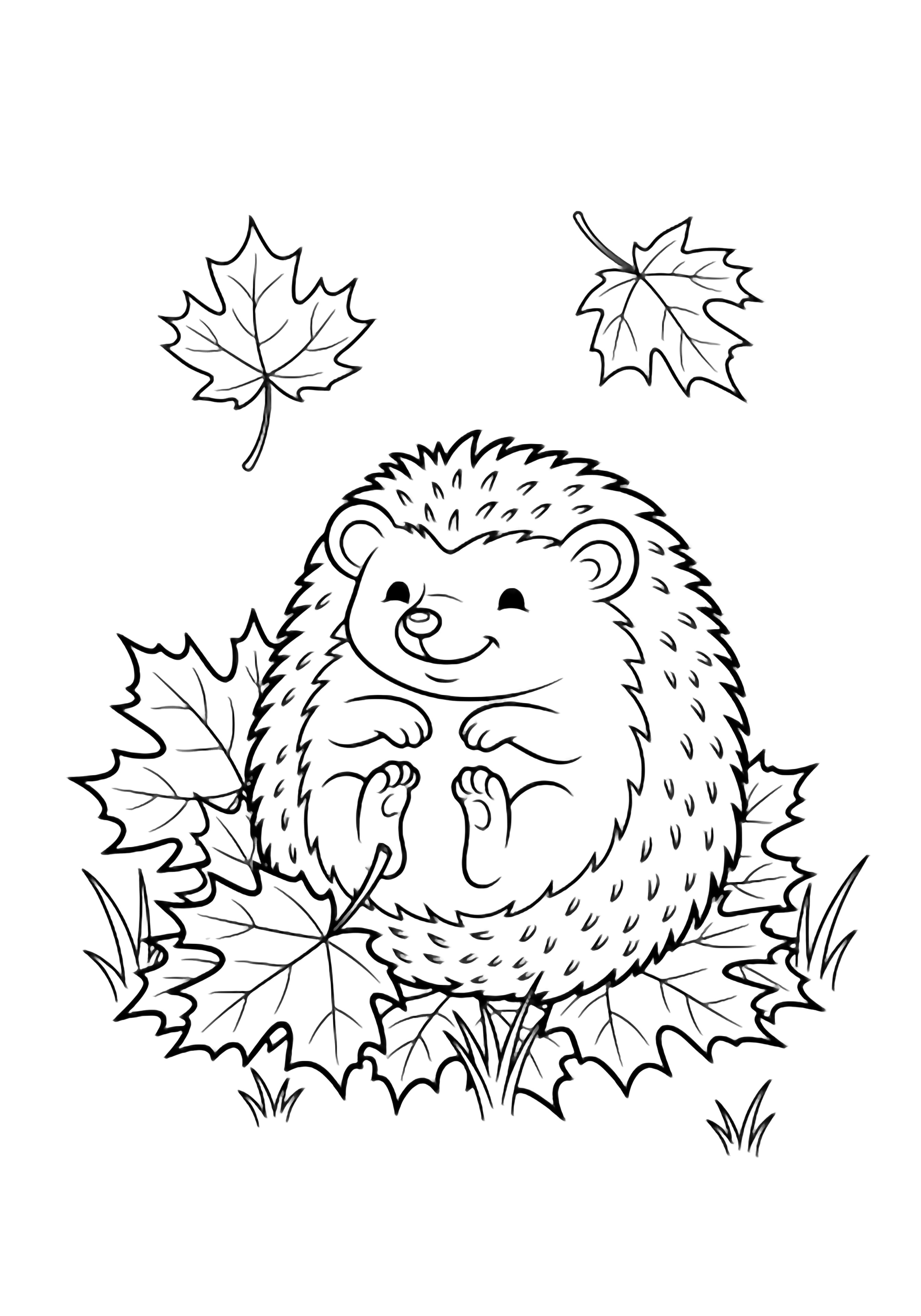 A smiling hedgehog curled amid big maple leaves, with simple grass blades and drifting leaves around it. kleurplaat