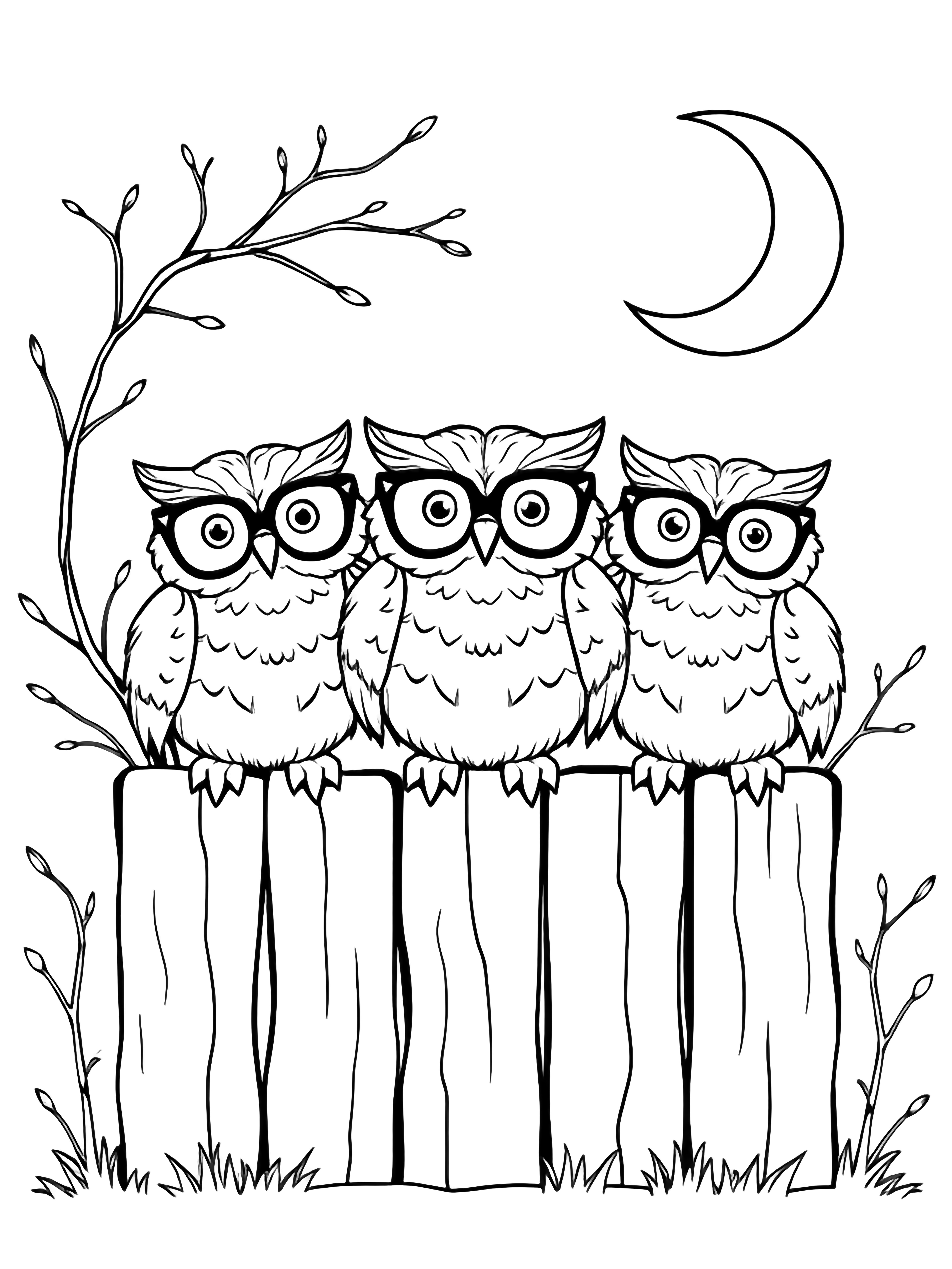Three bespectacled round owls greet from a wooden fence, fluffy feathers and tiny talons, twigs and crescent moon behind. kleurplaat