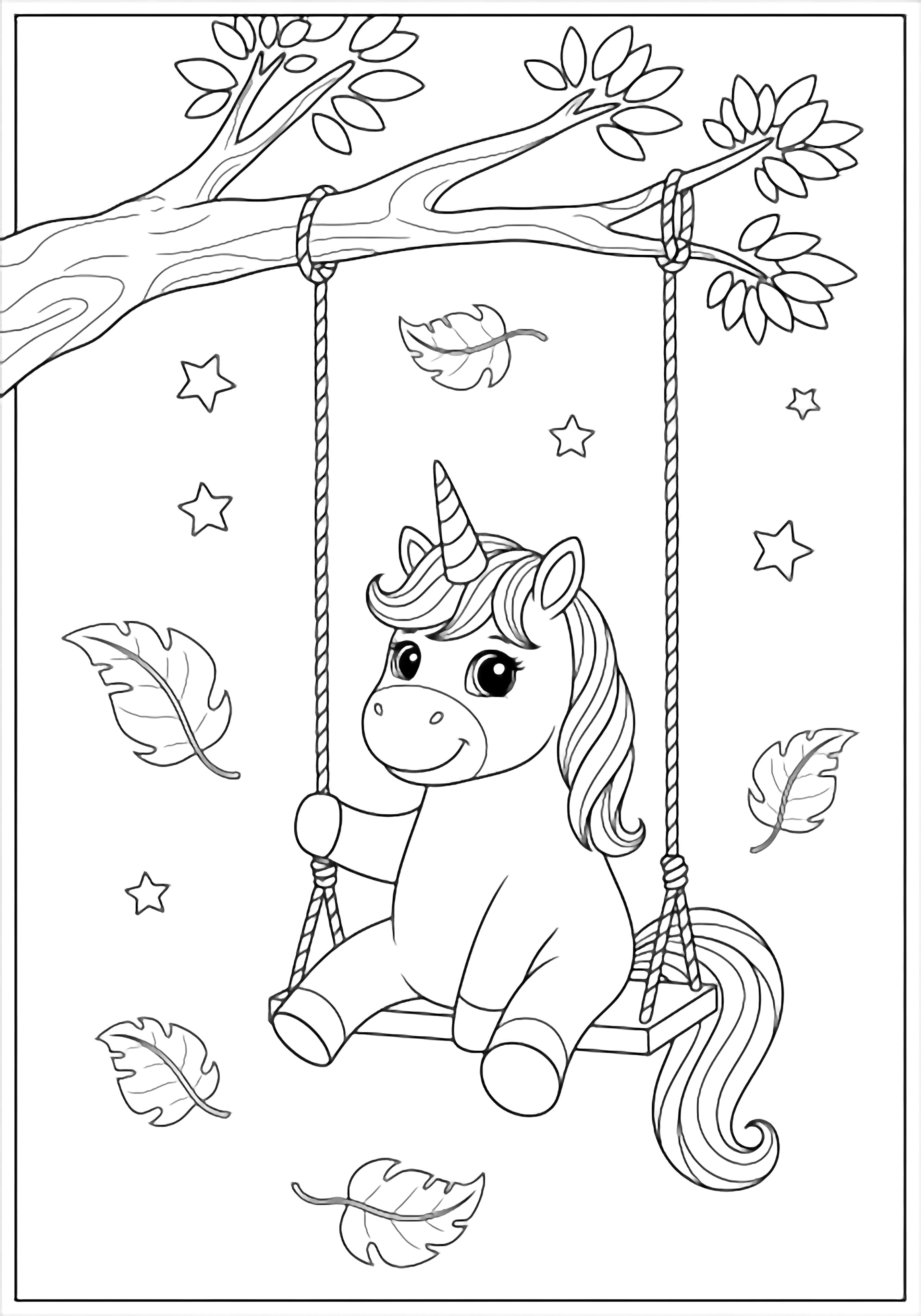 A smiling unicorn on a rope swing under a tree branch, drifting leaves and twinkling stars around. kleurplaat