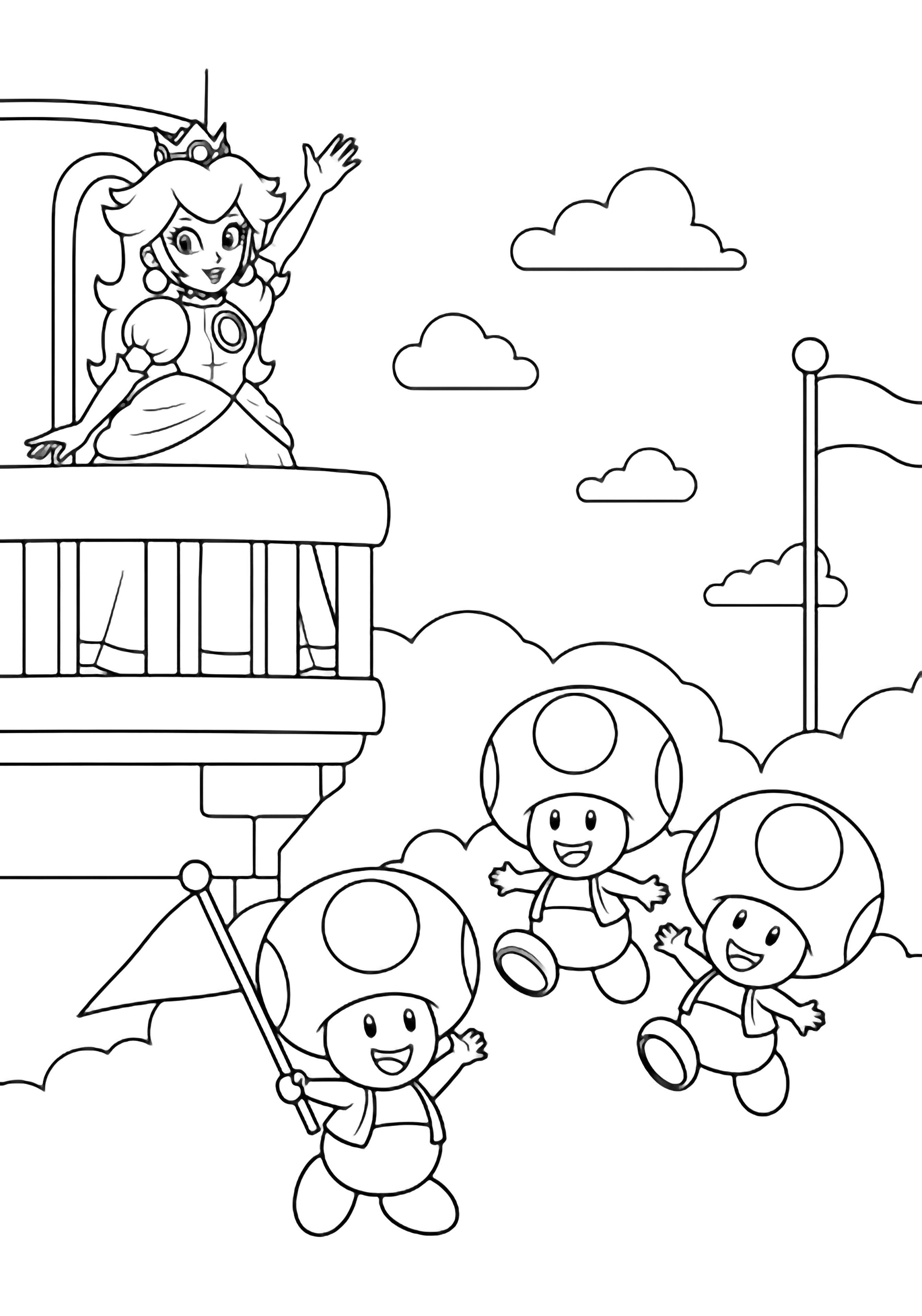 Princess Peach waves from a castle balcony; three cheerful Toads below, one with a flag, encircled by light clouds and a flagpole. kleurplaat
