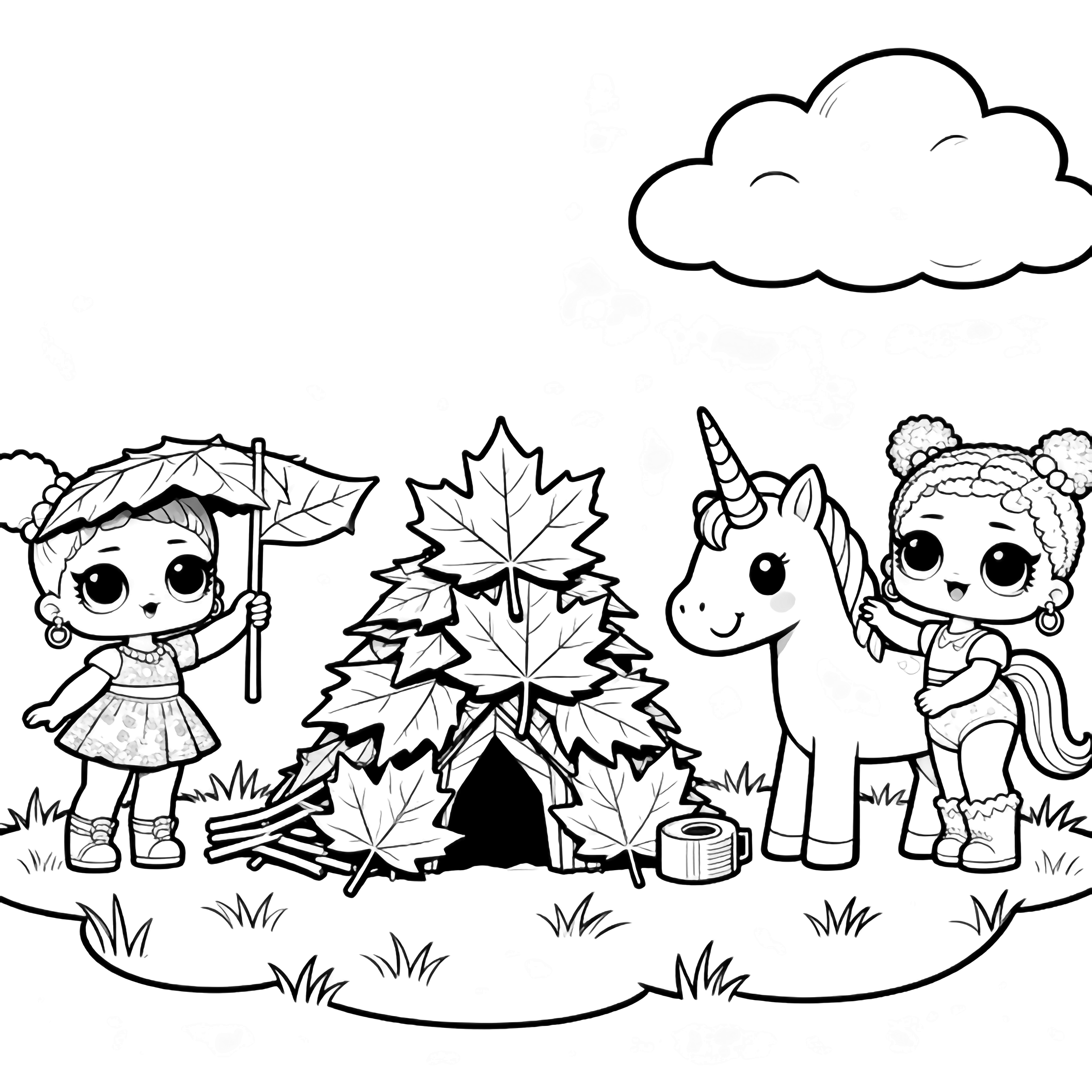 Two LOL dolls and a smiling unicorn build a tiny fort from big maple leaves; one doll holds a leaf roof, the other tapes stems, and a leaf flag rests on the unicorn's horn. kleurplaat