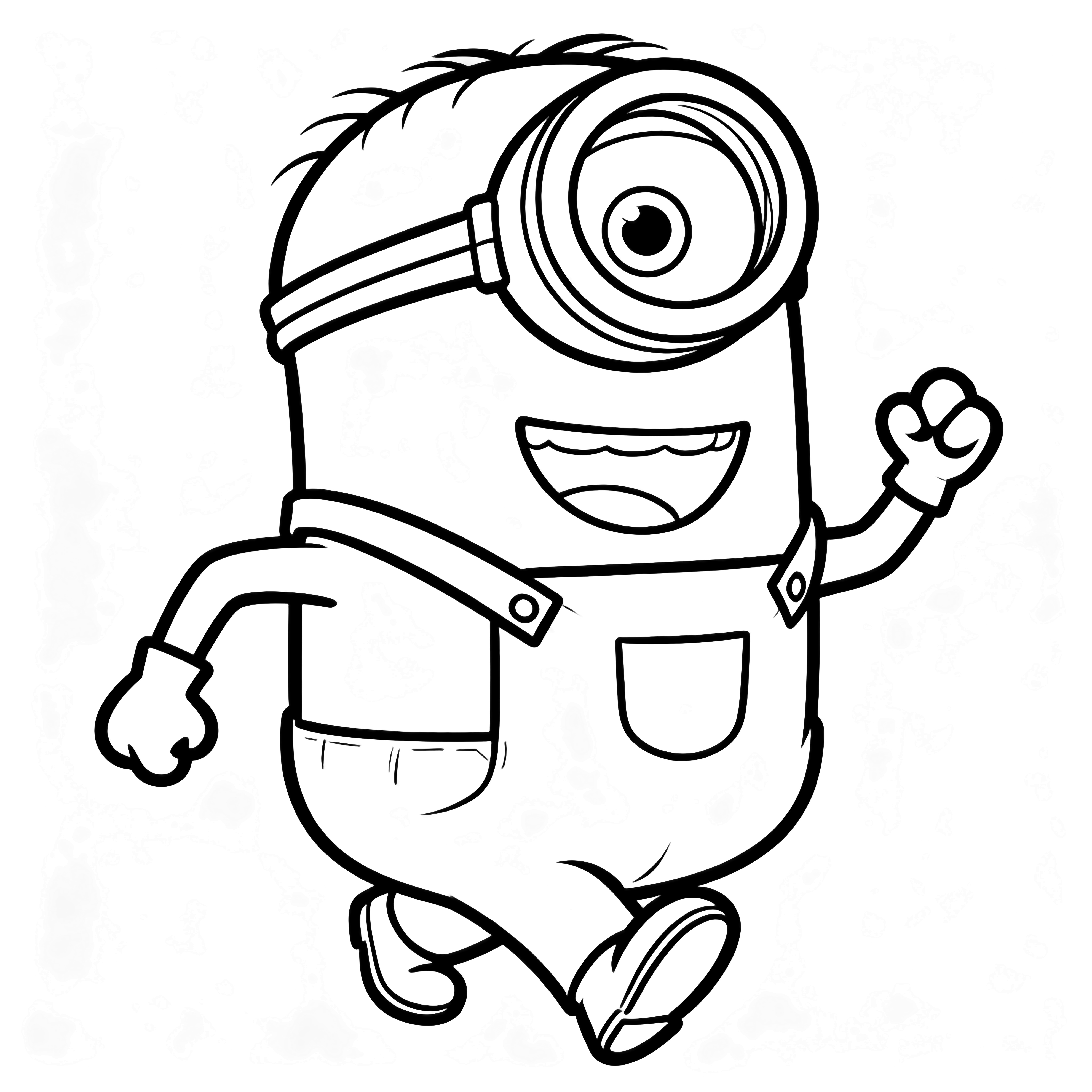 A cheerful Minion strides forward, arms swinging, big smile, goggles and overall straps, ready to color. kleurplaat
