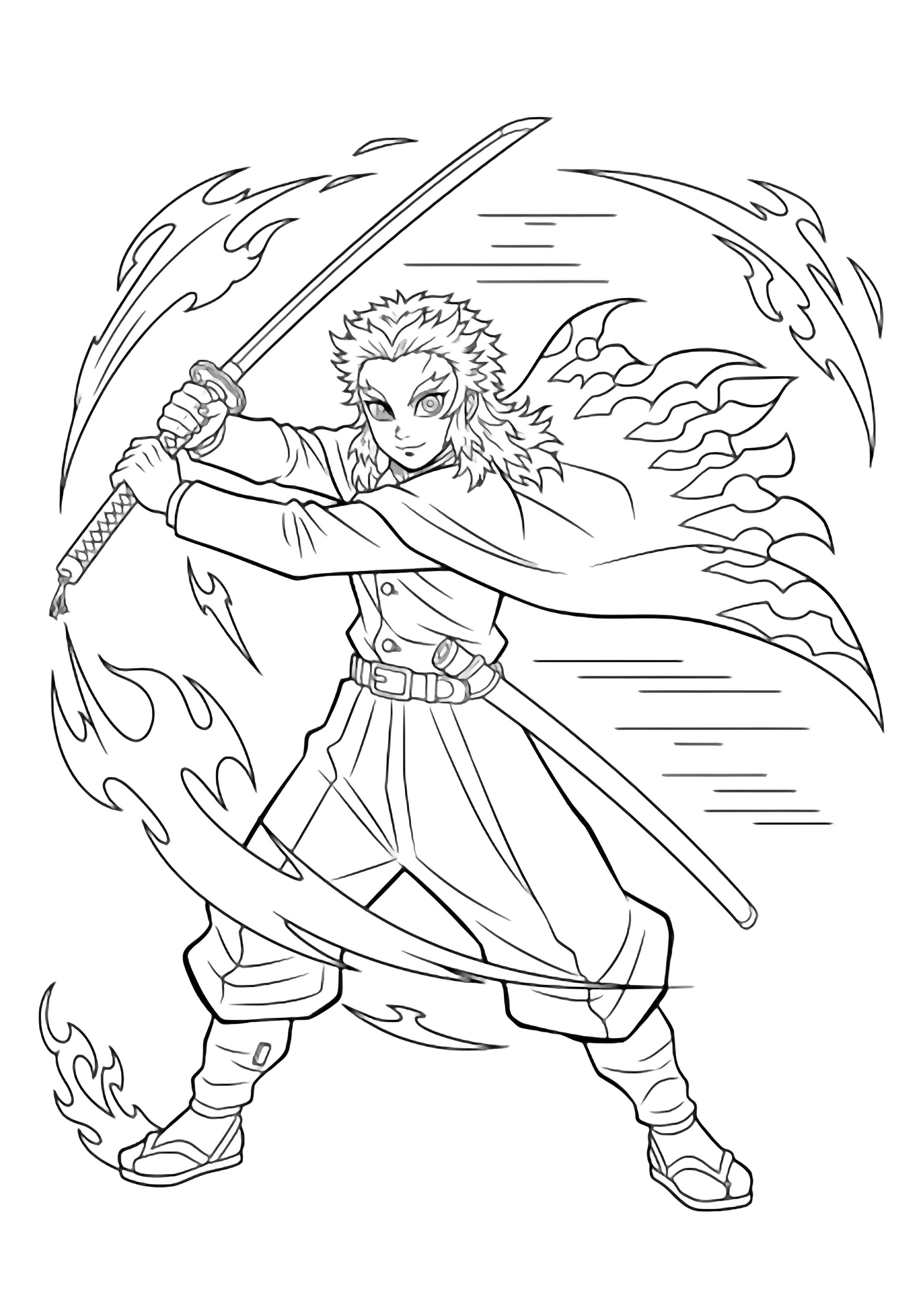 Rengoku Kyojuro lunges forward, katana sweeping, hair and coat billowing, framed by flame swirls and speed lines. kleurplaat