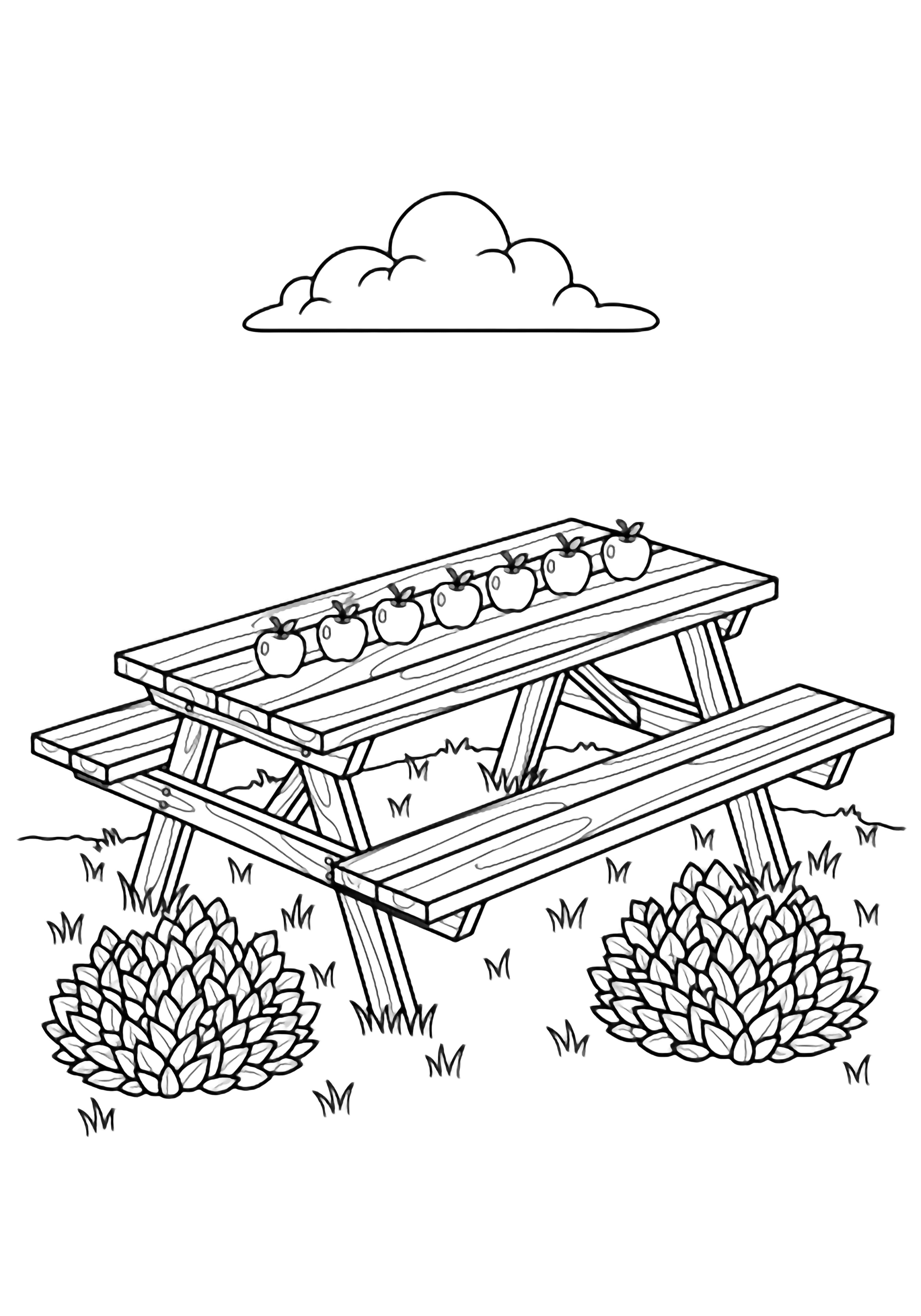 A picnic table flanked by leaf clusters, six apples on top, simple grass below, one fluffy cloud overhead. kleurplaat
