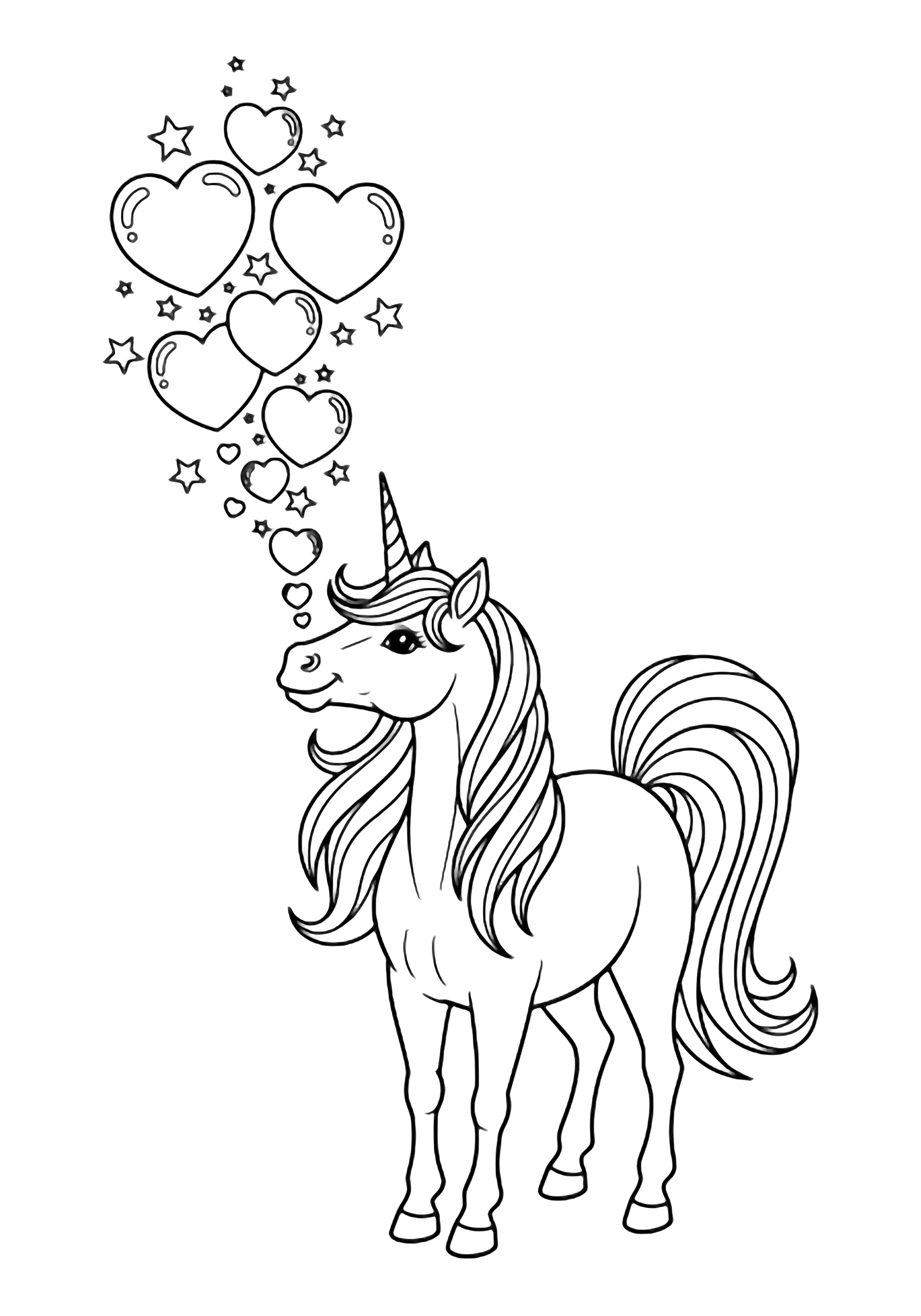 A smiling unicorn with flowing mane and arched tail blows heart-shaped bubbles that drift upward amid tiny stars. kleurplaat