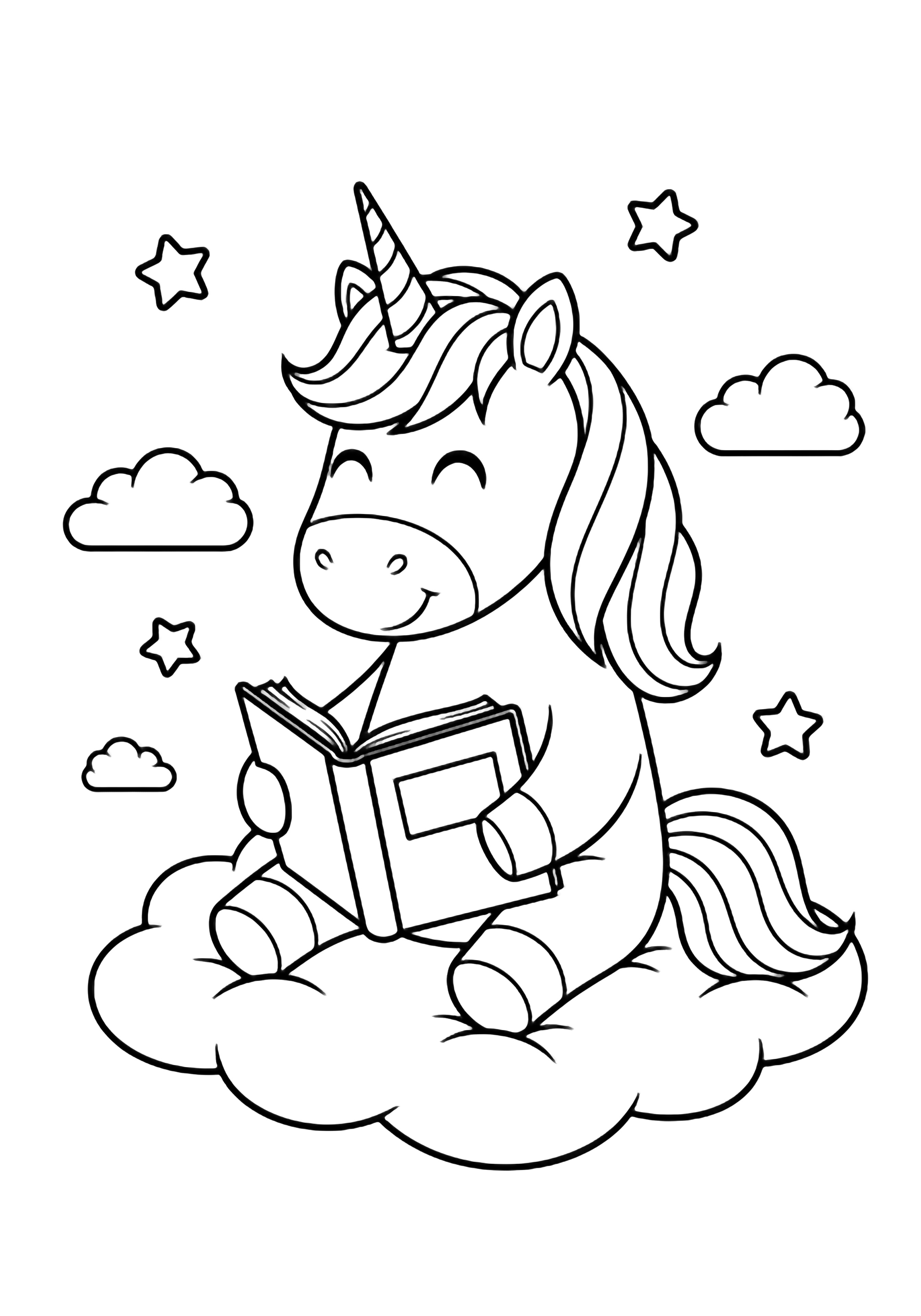 A smiling unicorn with flowing mane sits on a puffy cloud, front hooves holding an open diary, surrounded by simple stars and tiny clouds. kleurplaat