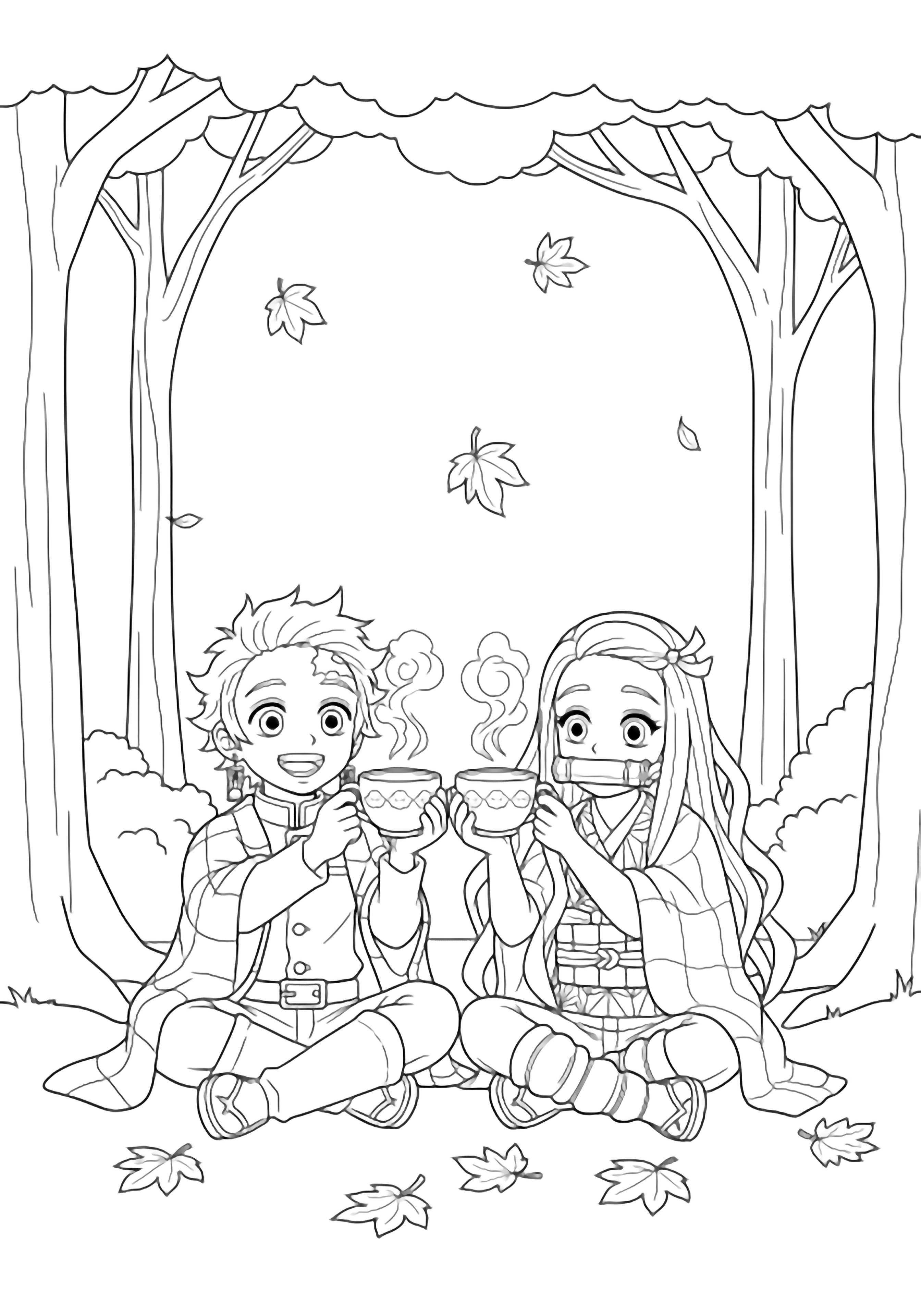 Tanjiro and Nezuko sit cross-legged beneath a maple tree, holding round teacups, blankets on shoulders, fallen leaves around, gentle steam above, smiling in an open forest. kleurplaat