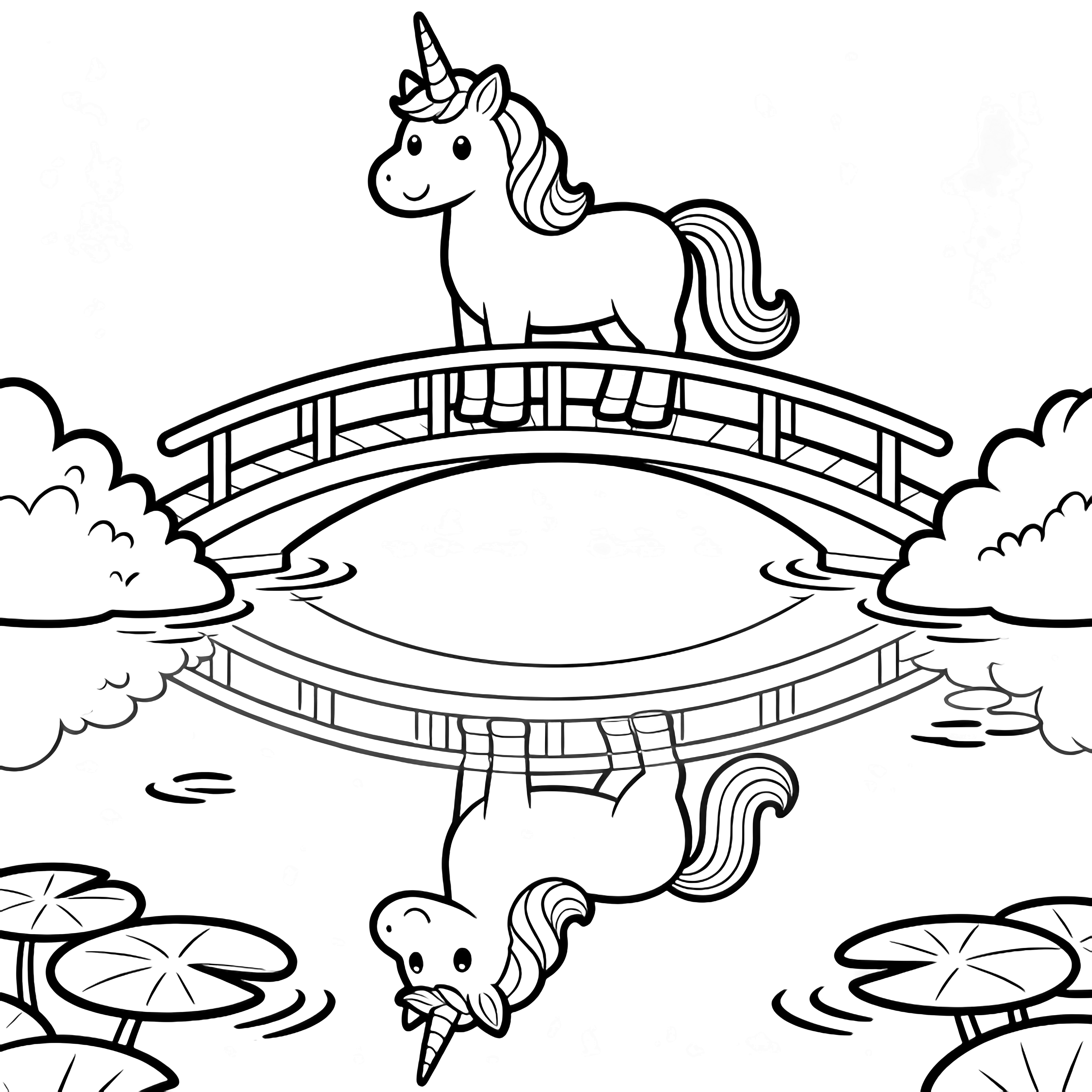A smiling unicorn stands on an arched bridge; below, its reflection drifts among lily pads on calm water. kleurplaat