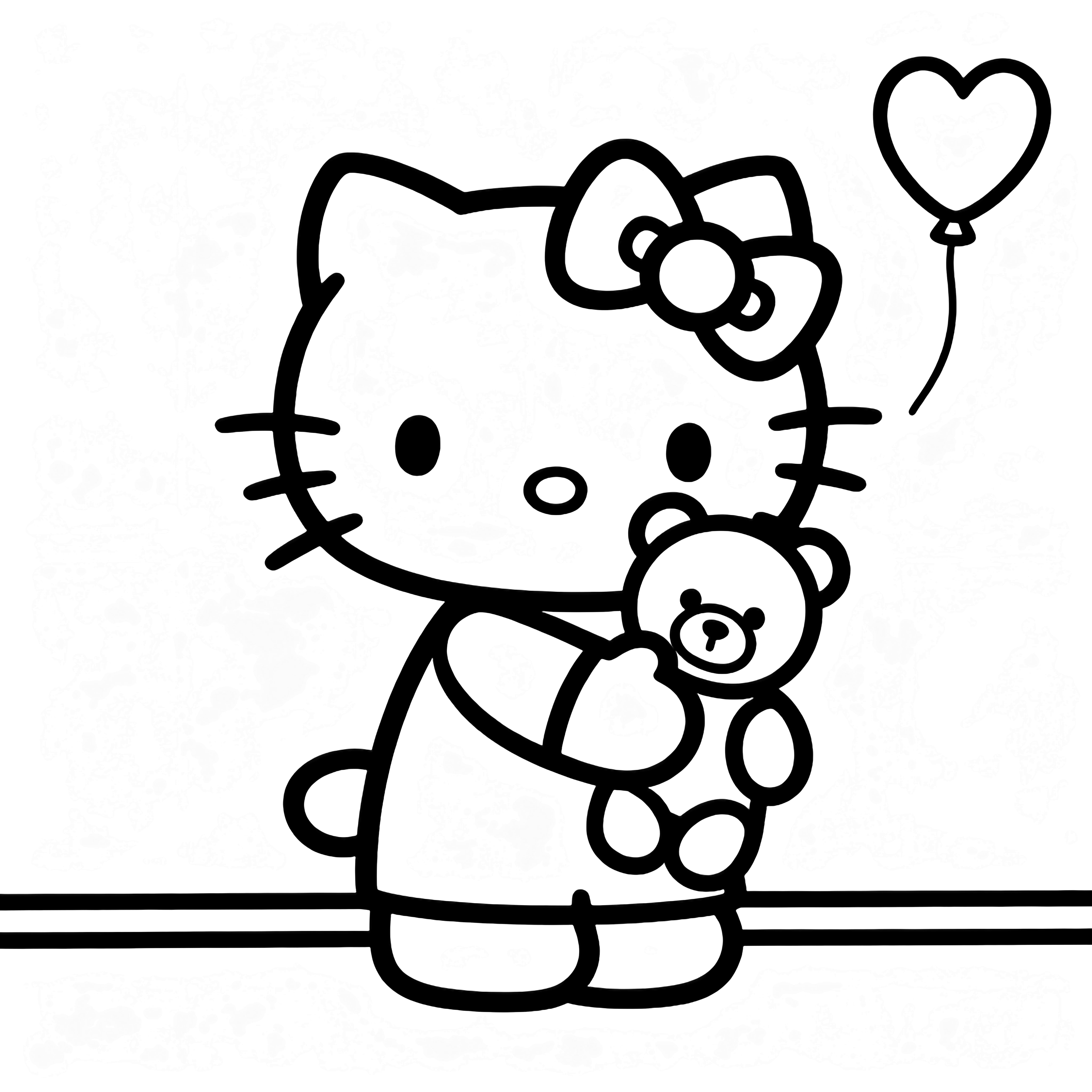 Hello Kitty smiles while hugging a round teddy bear; a small heart-shaped balloon drifts behind her above a simple floor line. kleurplaat