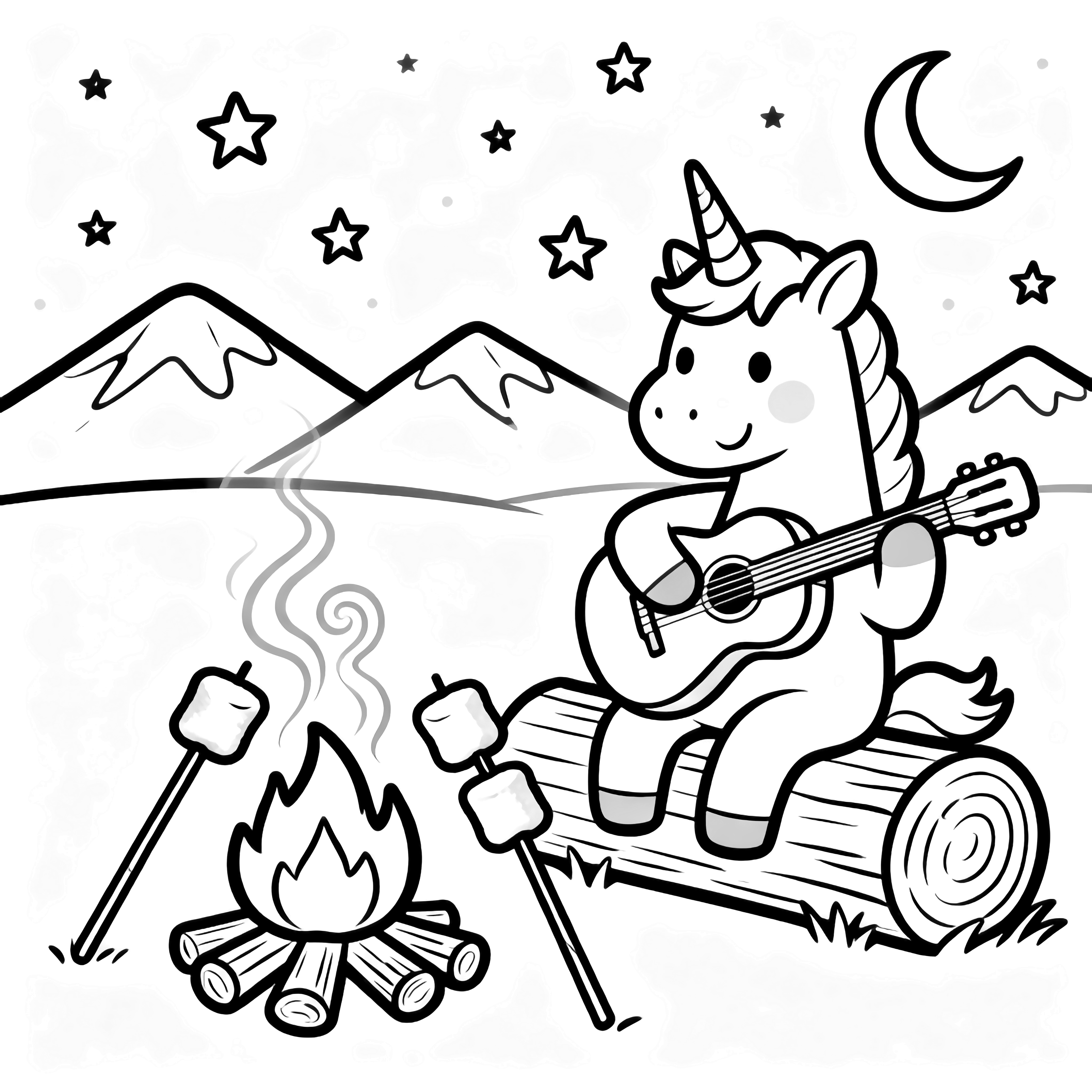 Een glimlachende eenhoorn zit op een boomstok gitaar te spelen naast een klein kampvuur met marshmallows aan stokjes, bergen, sterren en een halve maan. kleurplaat