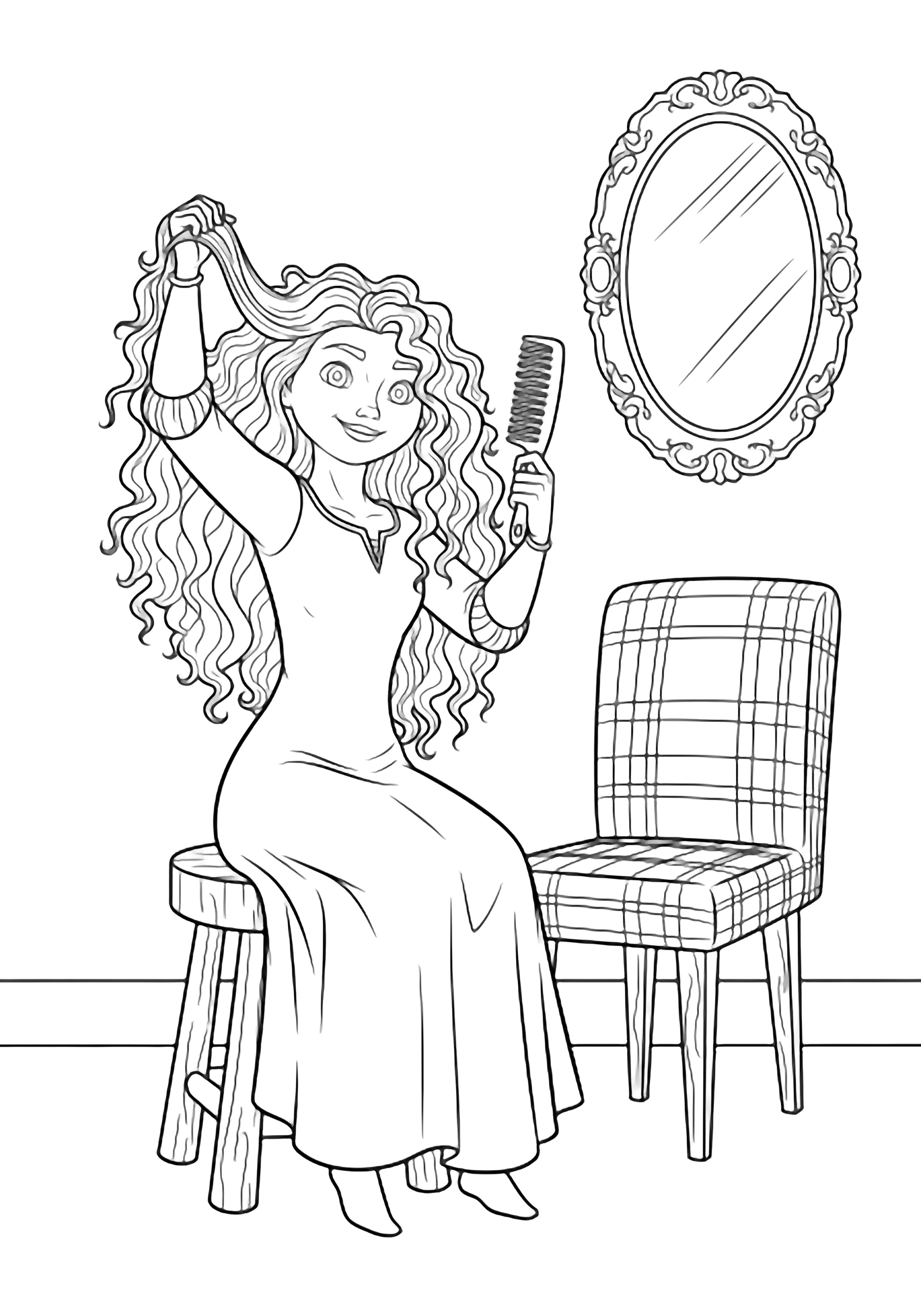 Merida sits on a stool, lifting her curly hair with one hand while combing it with the other; a plaid chair, plain floor, and oval mirror behind her. kleurplaat