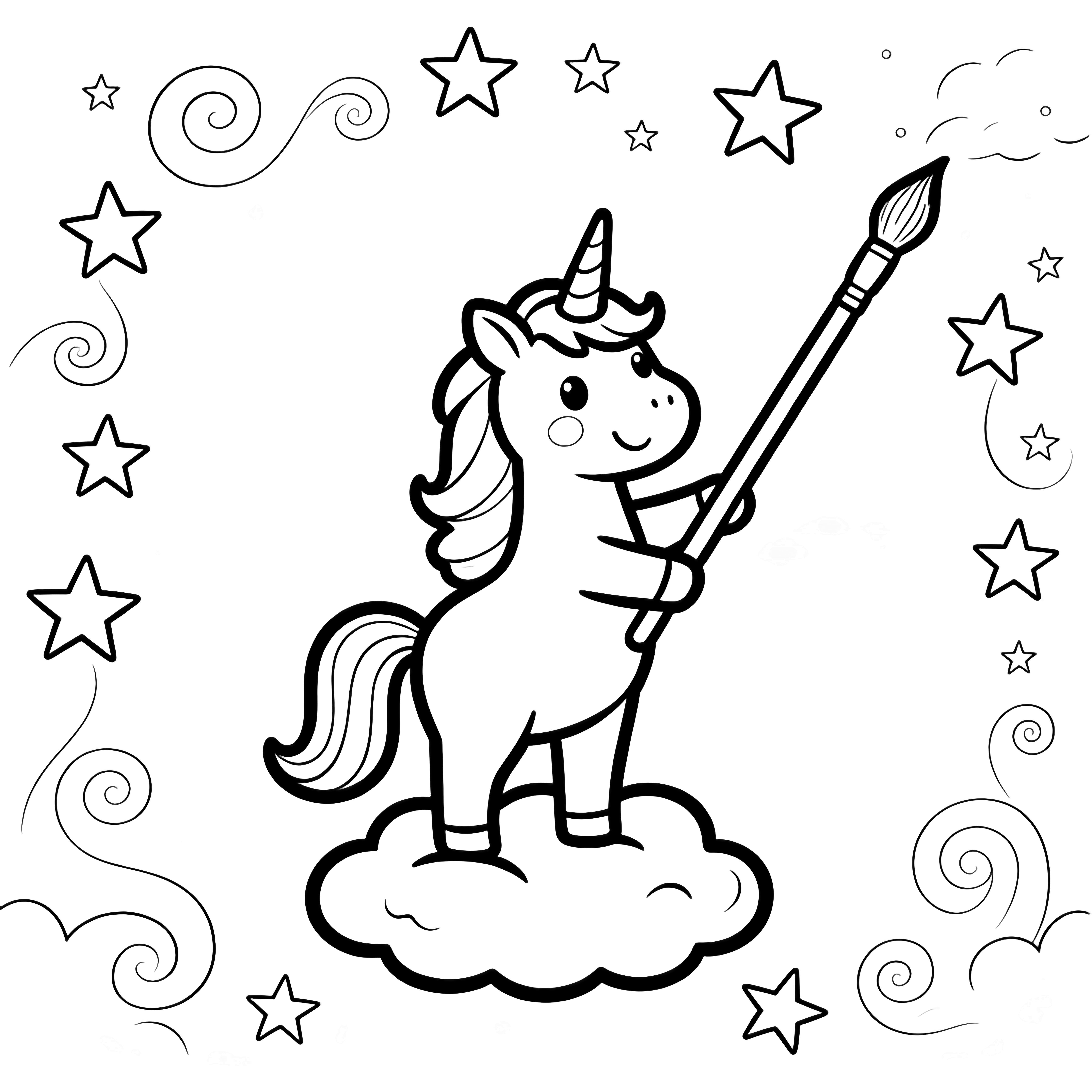 A smiling unicorn stands on a cloud, holding a long paintbrush that touches the sky, surrounded by simple stars and swirls. kleurplaat