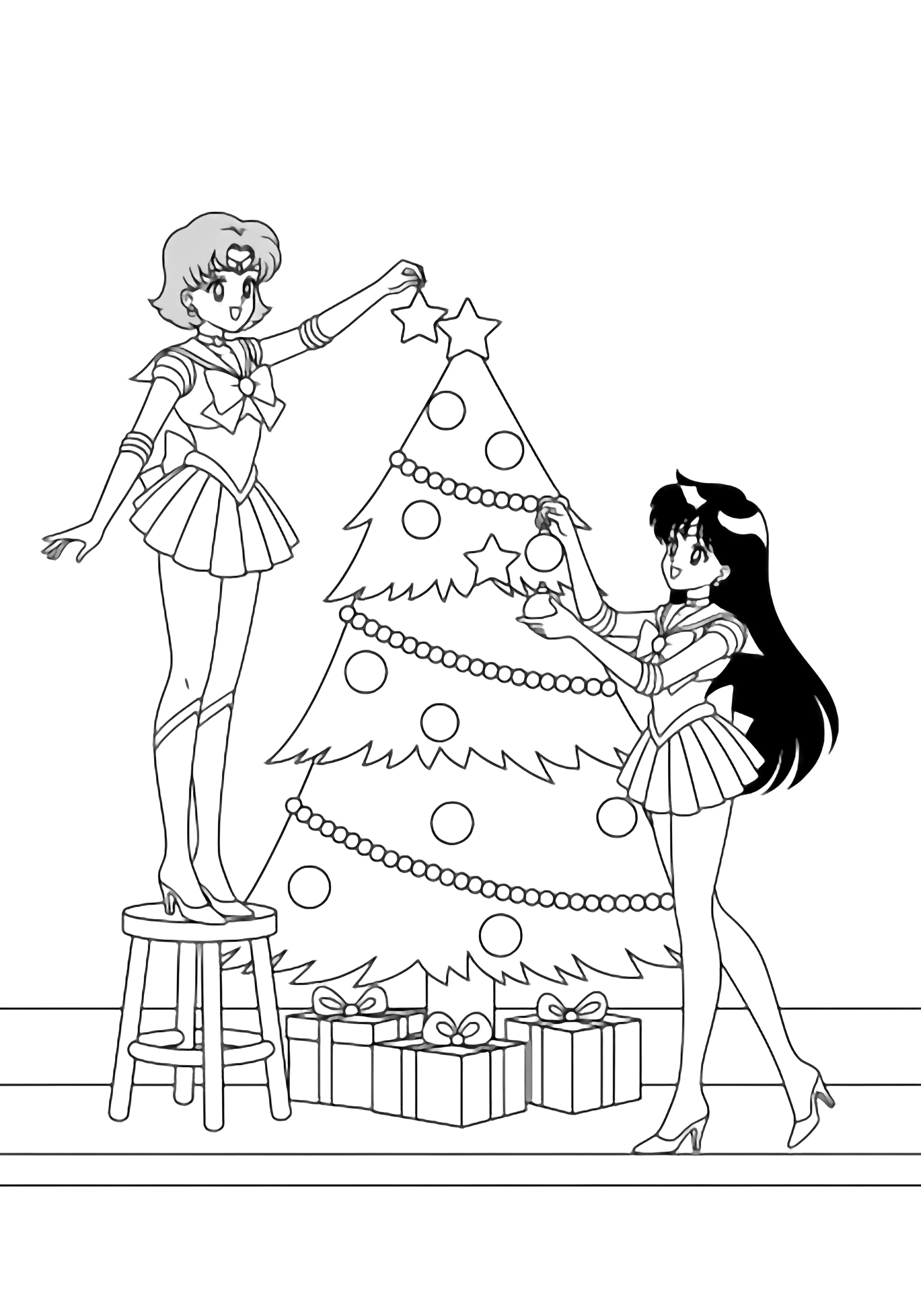 Sailor Mercury on a stool hangs a star on a simple Christmas tree; Sailor Mars hands her a bauble, presents below, both smiling. kleurplaat