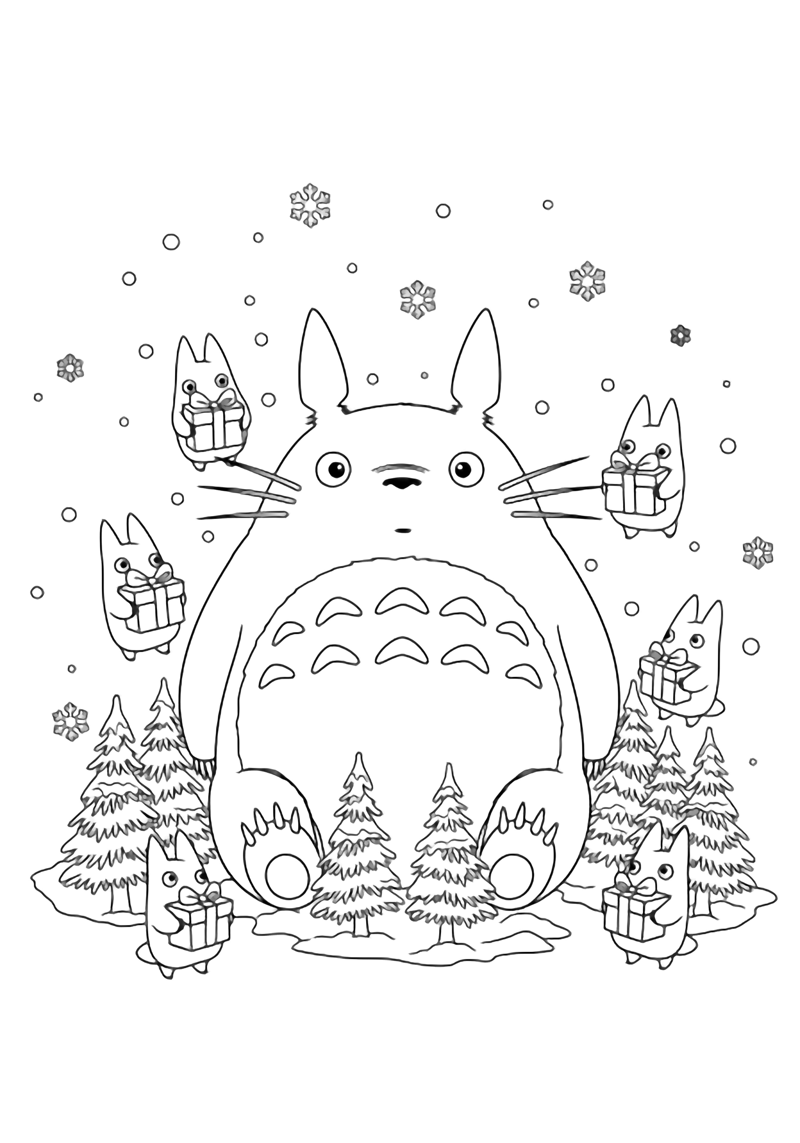Totoro sits contentedly amid tiny snow-dusted pine saplings while forest spirits circle, clutching ribbon-tied gift boxes as gentle snowflakes drift around them. kleurplaat