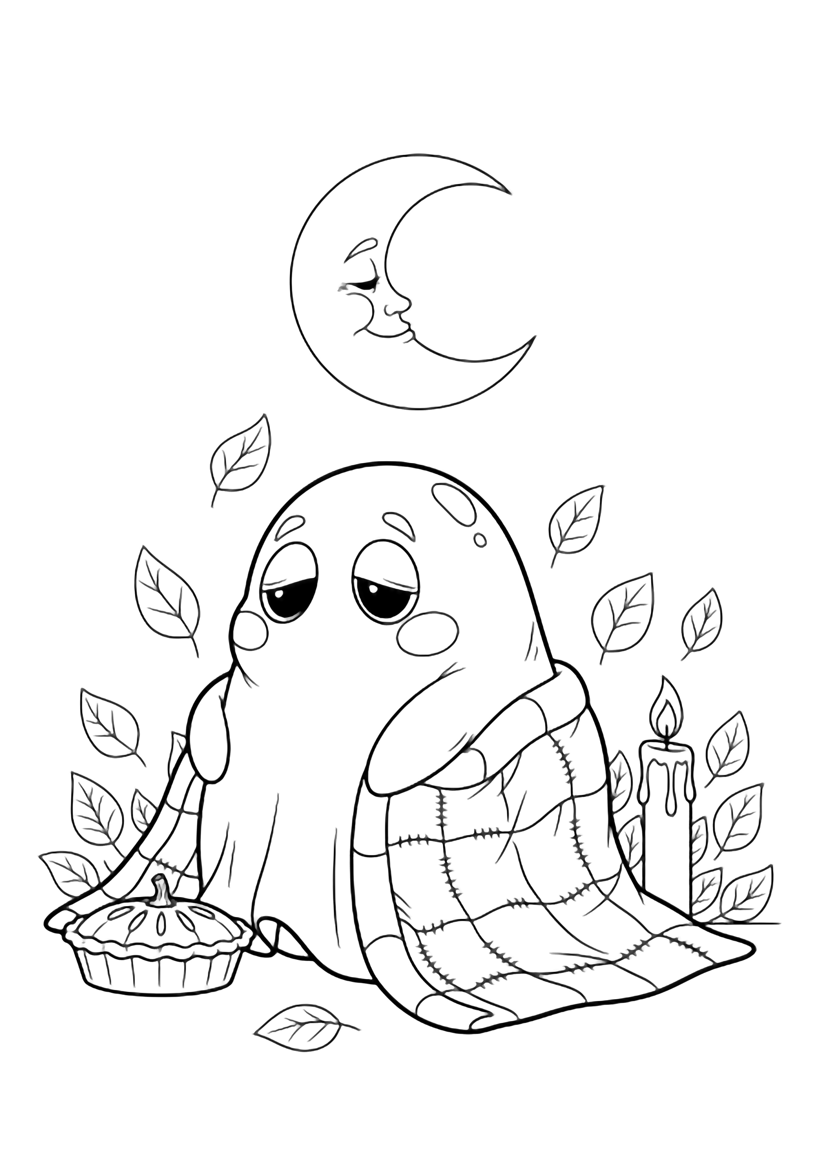 A chubby ghost with sleepy eyes curls under a quilt, flanked by a tiny pumpkin pie and a tall taper candle, with falling leaves and a smiling moon above. kleurplaat