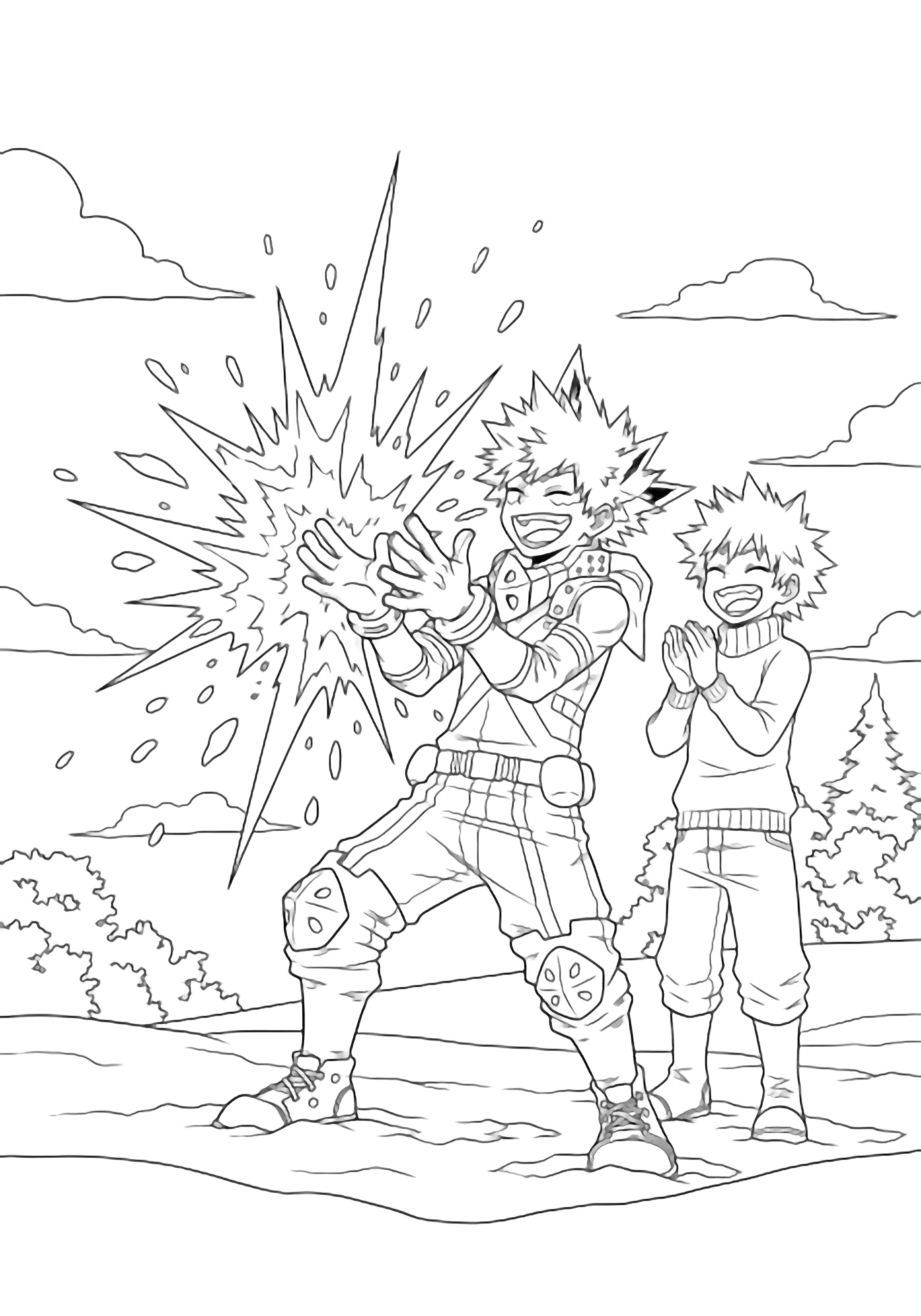 Bakugo laughs with palms toward a jagged snow burst; Kirishima claps beside him, both joyful on snowy ground under light clouds and minimal trees. kleurplaat