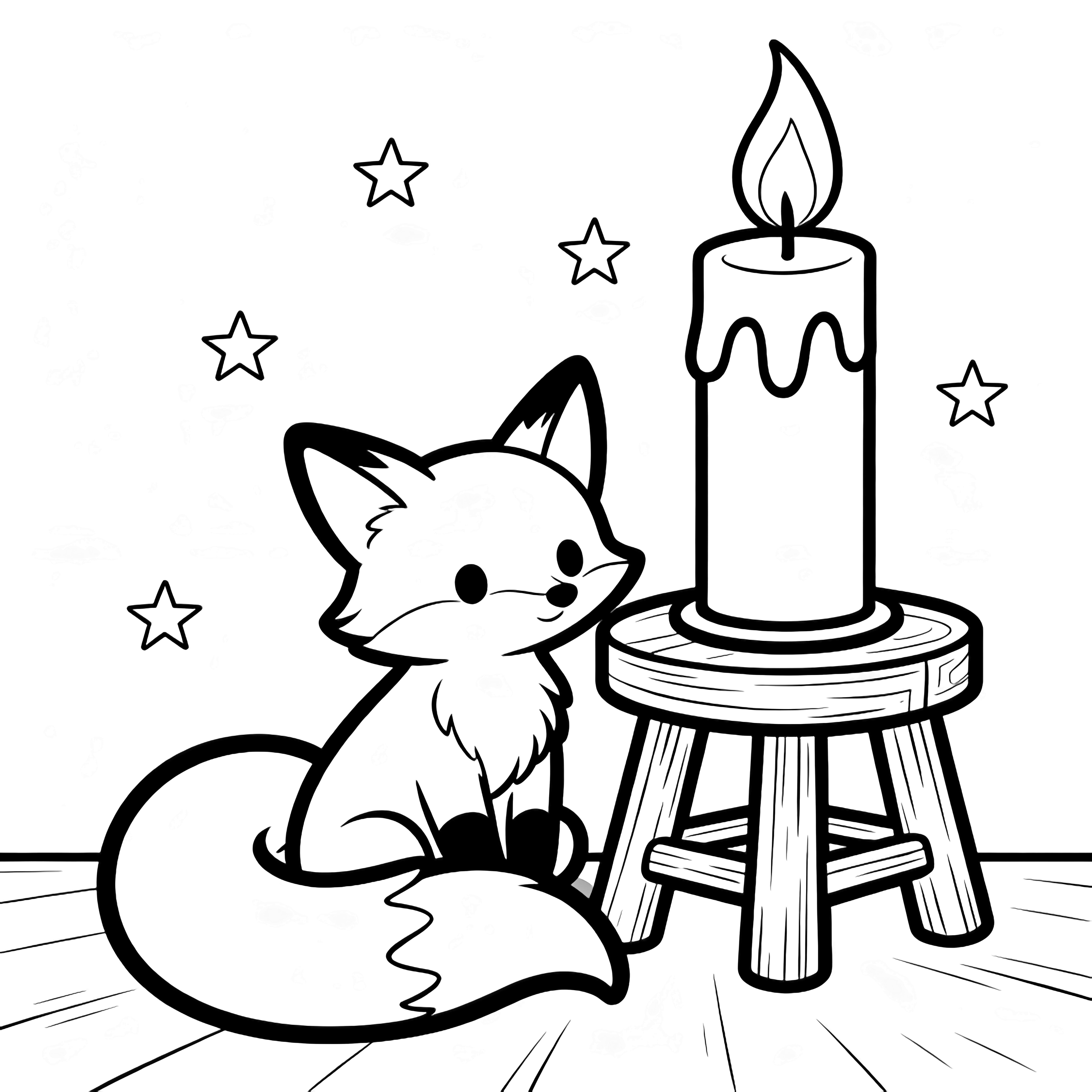Tiny fox sits beside a tall candle on a wooden stool, tail curled around paws, wavy flame, simple stars, smooth floor kleurplaat