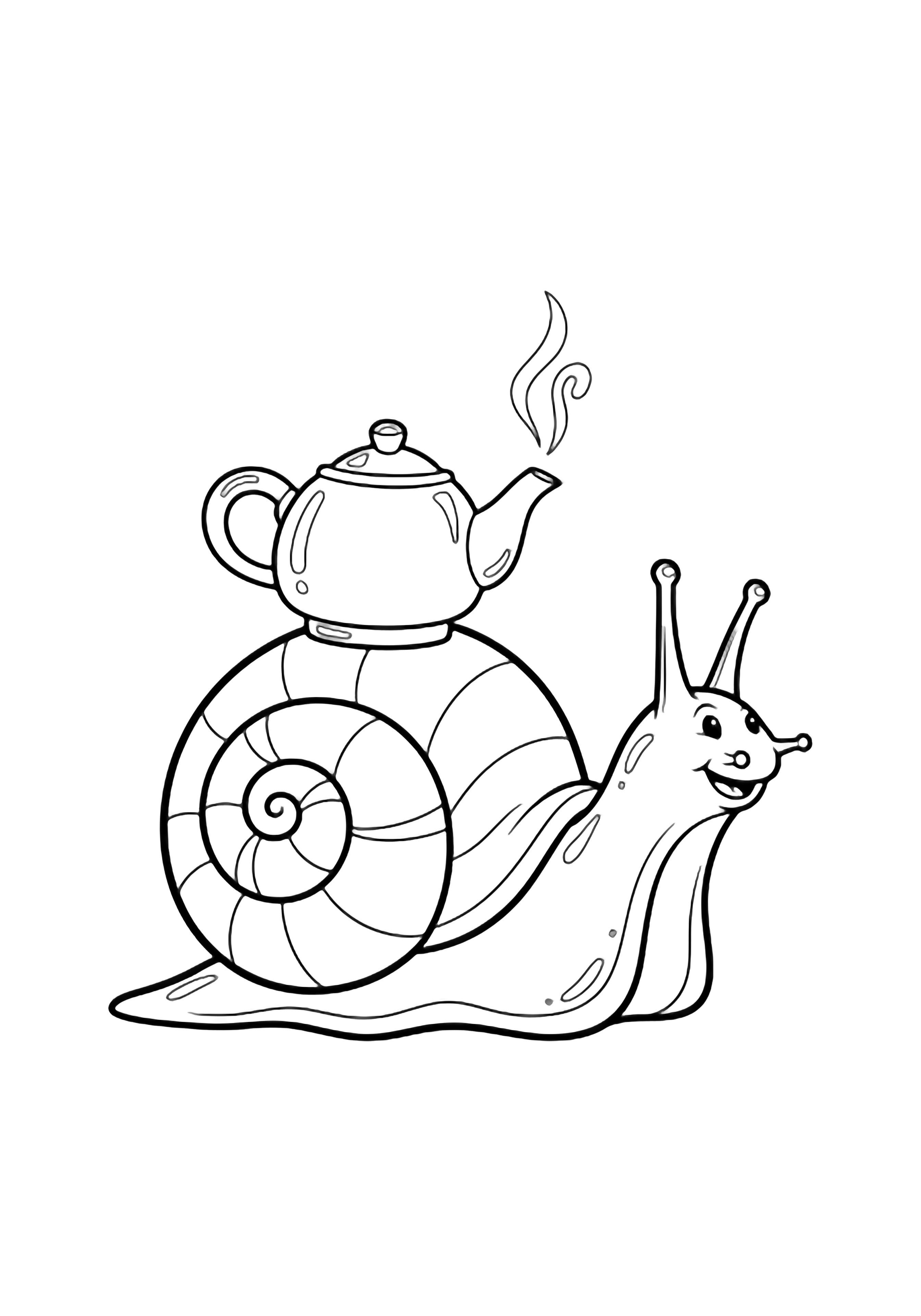 A smiling snail with a round shell carries a tiny steaming teapot on its back. kleurplaat