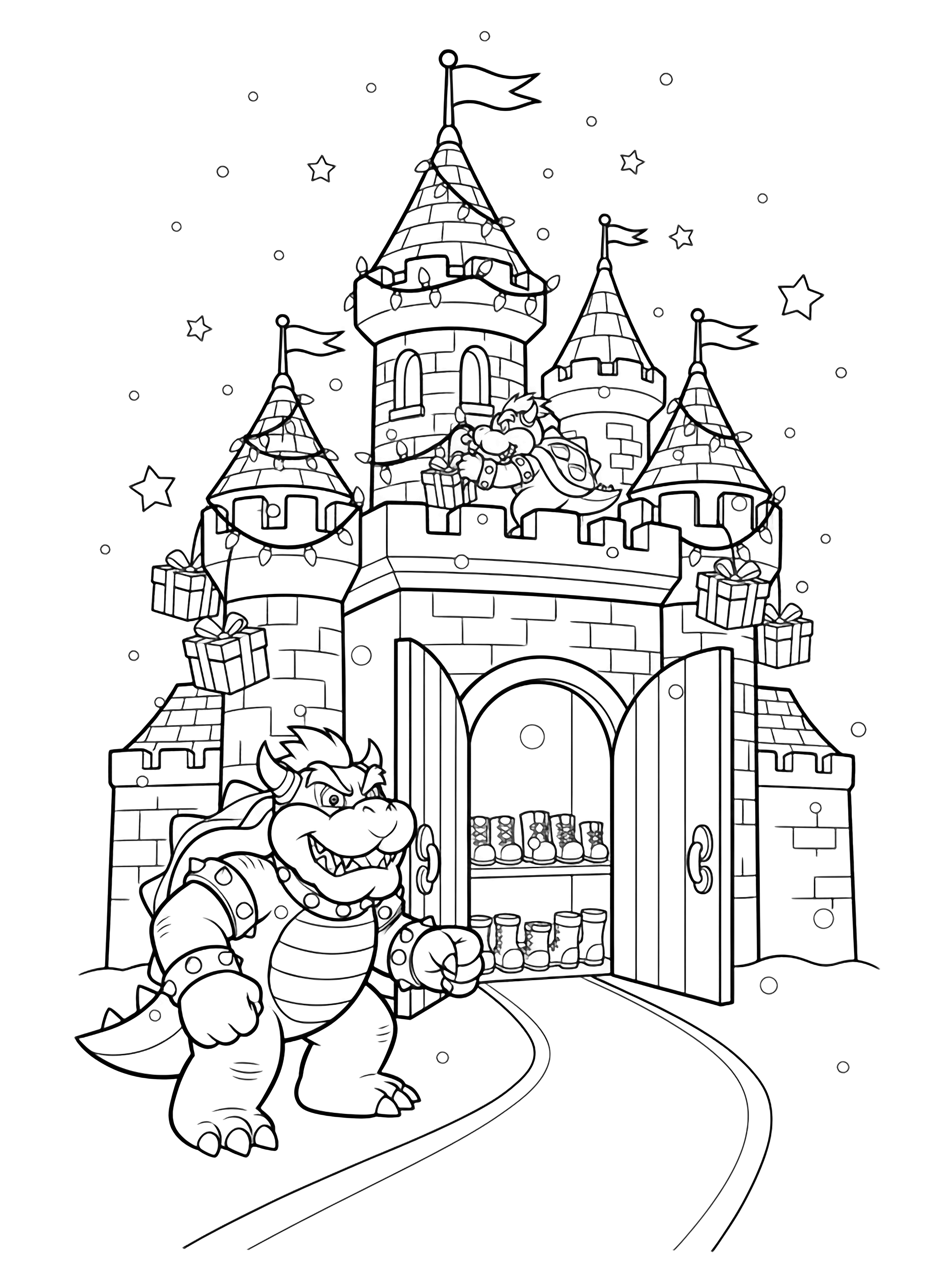 Bowser Jr. hangt lichtjes en cadeaus op kastorentorens terwijl Bowser trots toekijkt; open deuren, laarzen in de sneeuw, dwarrelende sneeuwvlokken, sterren boven. kleurplaat