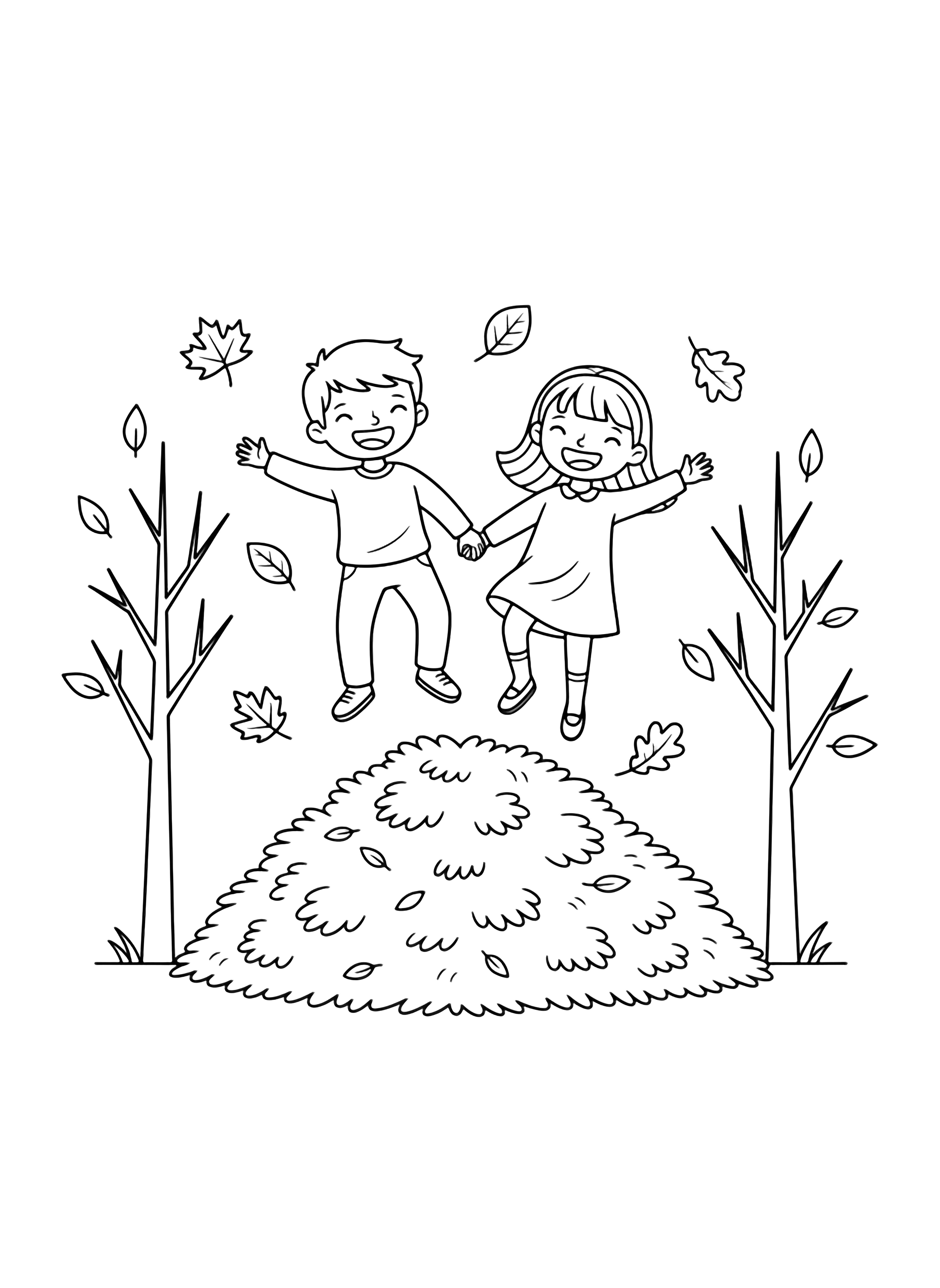Two joyful children, hand-in-hand, leap above a big leaf pile, framed by simple trees and drifting autumn leaves. kleurplaat