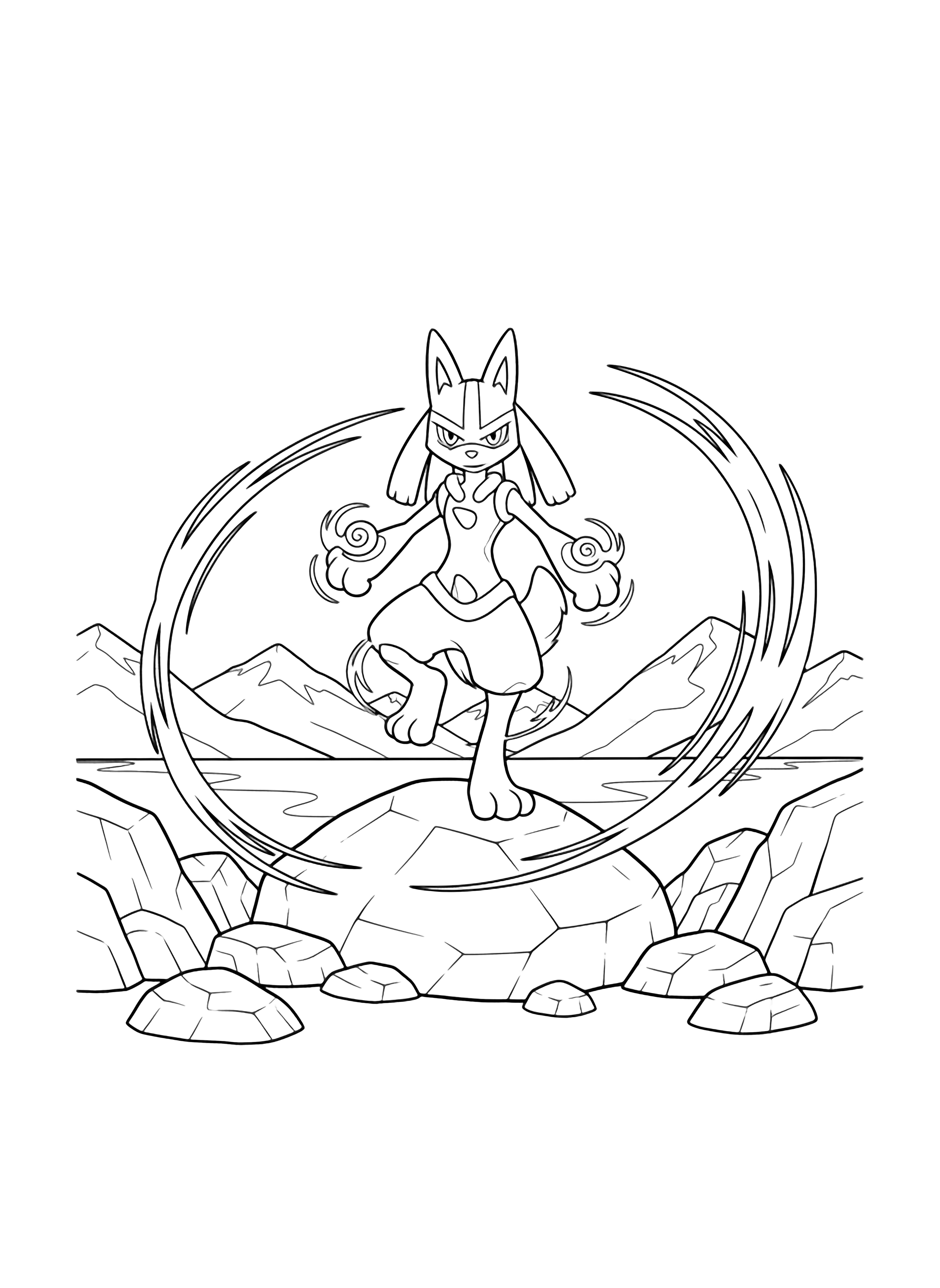 Lucario staat op één been op een rots, poten naar voren, aura spiralen om hem heen; gelaagde rotsen en verre bergen omlijsten een stille vallei. kleurplaat