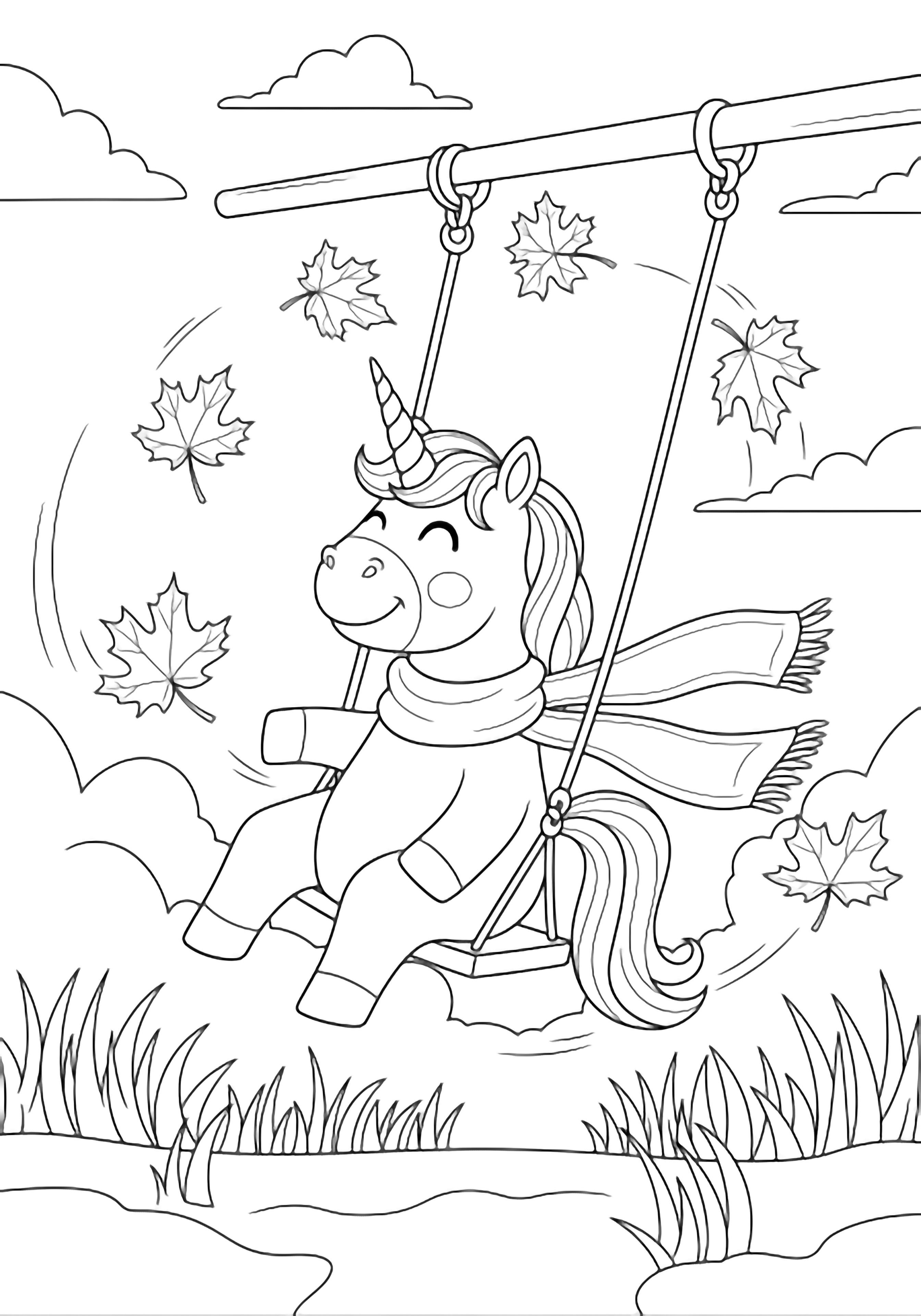 A smiling unicorn on a playground swing, scarf fluttering, maple leaves swirling around, wavy grass and drifting clouds behind. kleurplaat