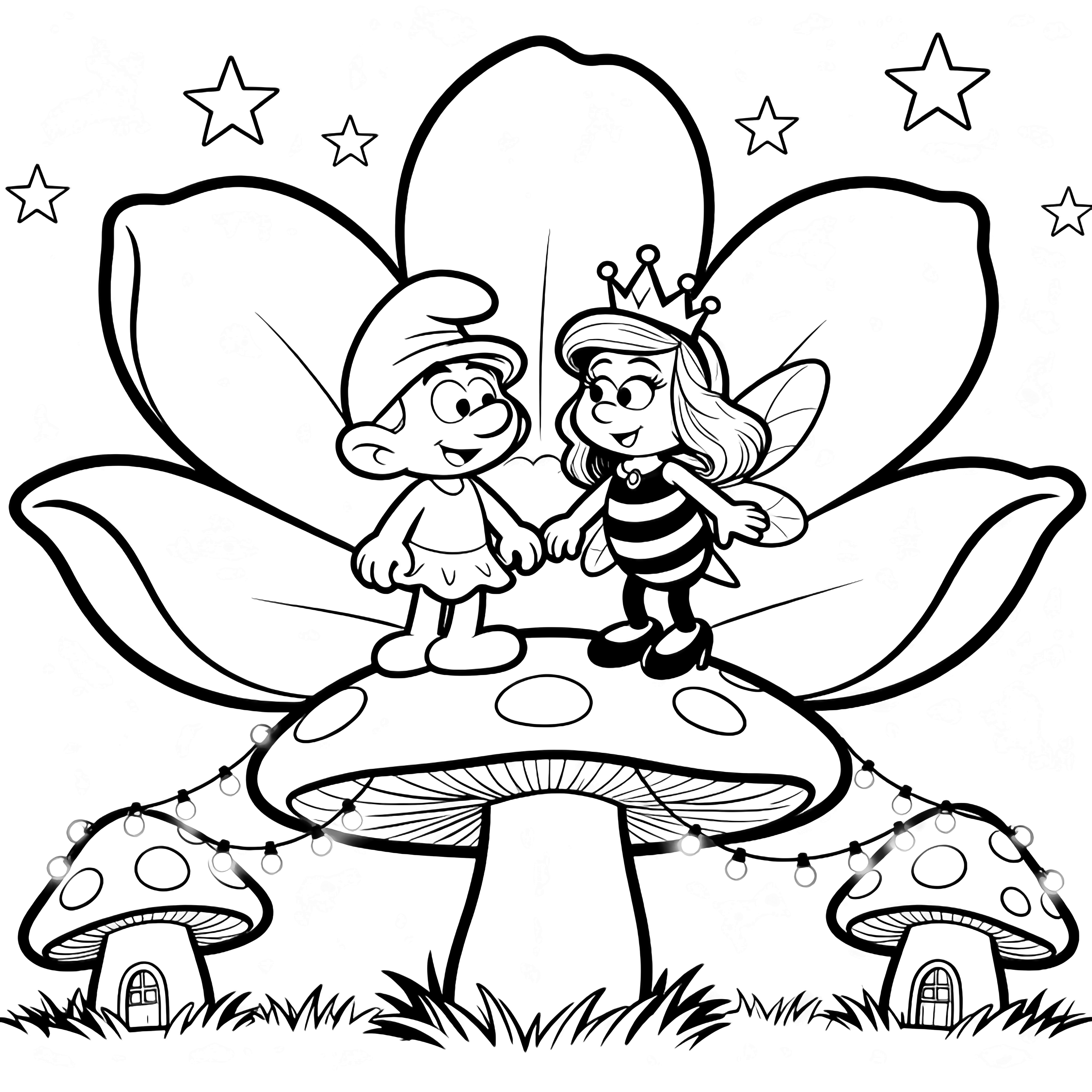 Smurfette and Queen Bee stand on a small toadstool, stringing fairy lights between two tiny mushroom houses, framed by oversized petals with stars drifting above grass. kleurplaat