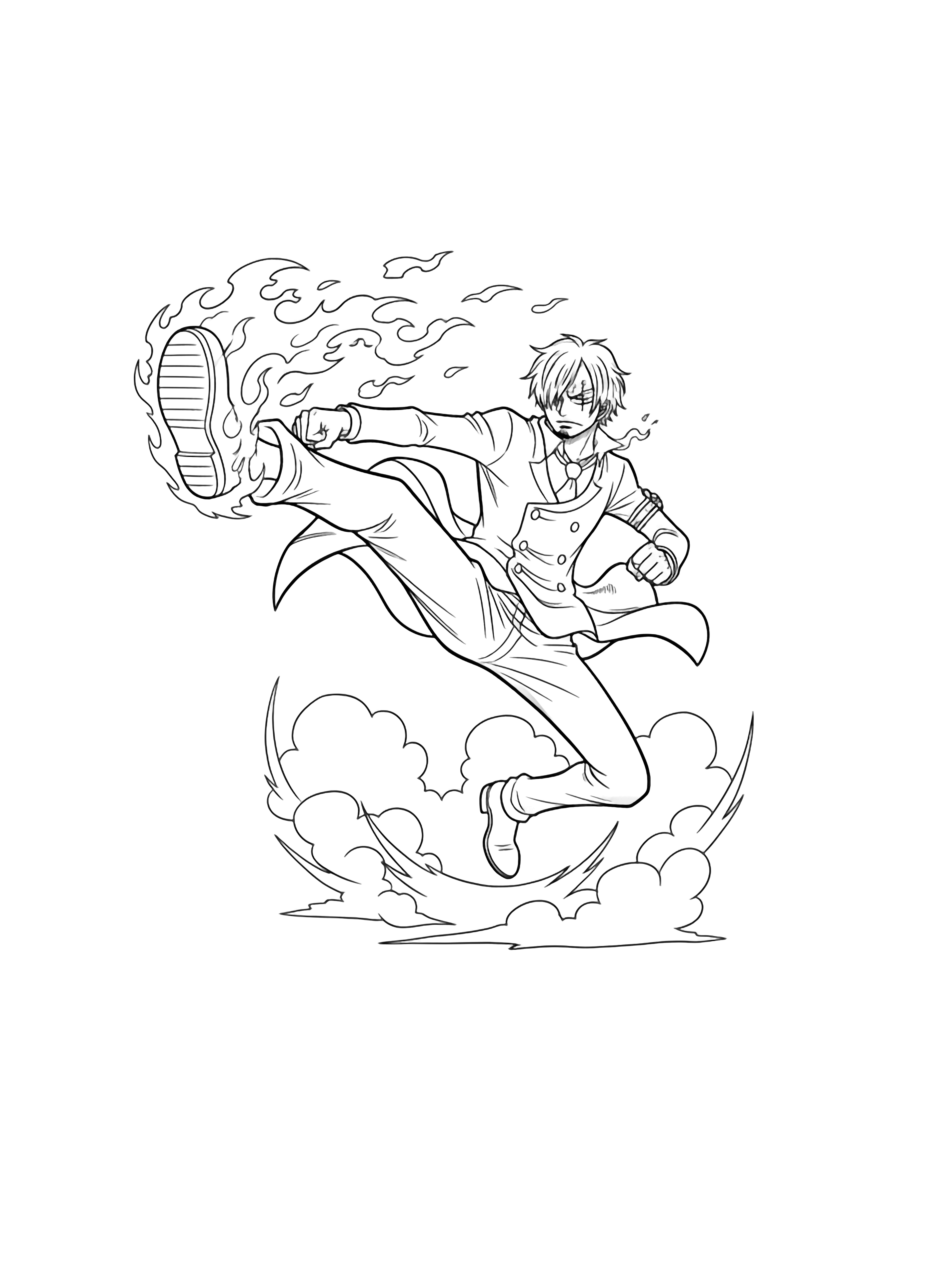 Sanji mid-kick, one leg wreathed in jagged flames, coat tails billowing, against a simple burst of clouds. kleurplaat