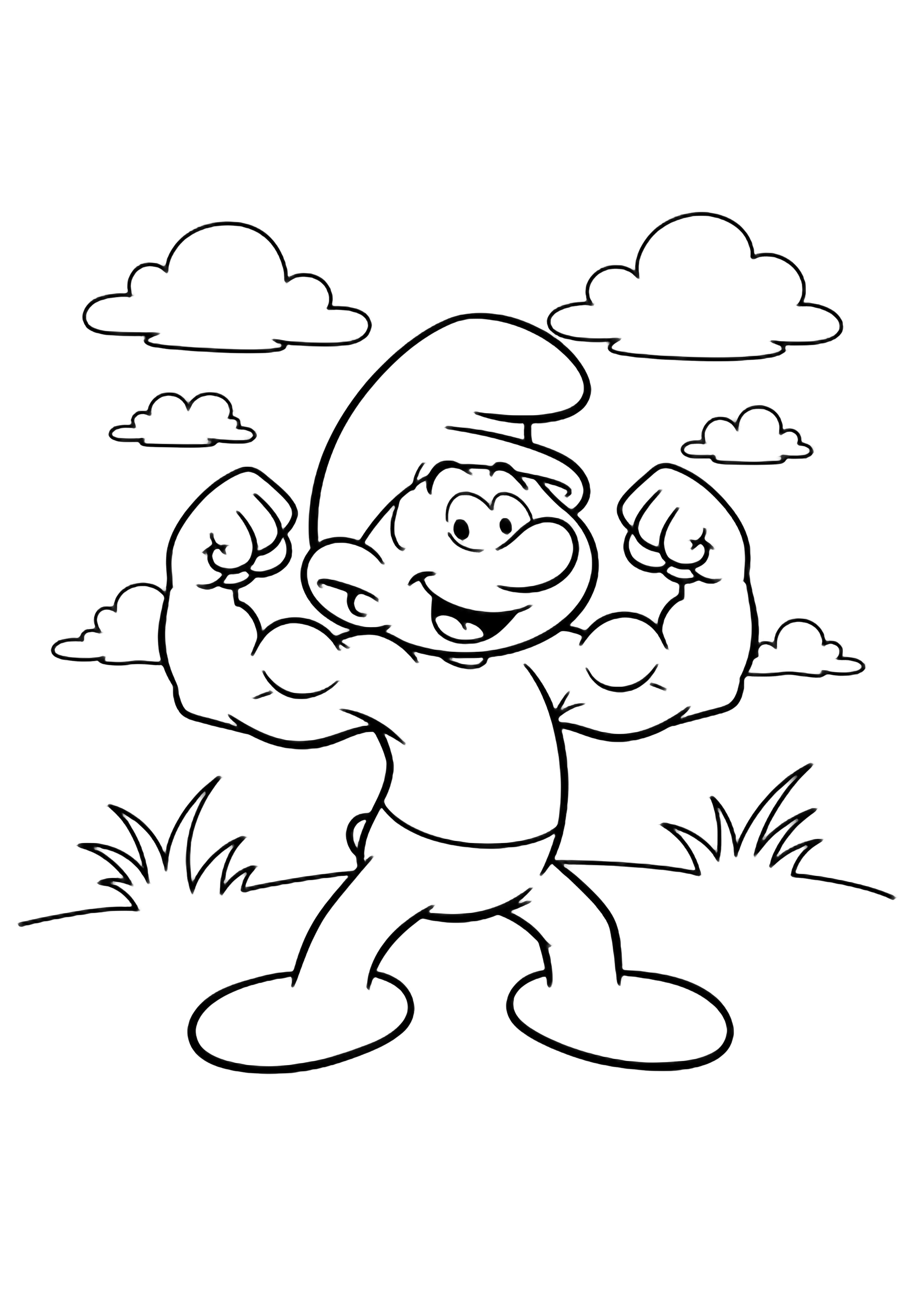 Grote Smurf toont trots zijn spieren in het midden, brede houding, stralende glimlach; eenvoudige graslijn en wolkje op de achtergrond. kleurplaat