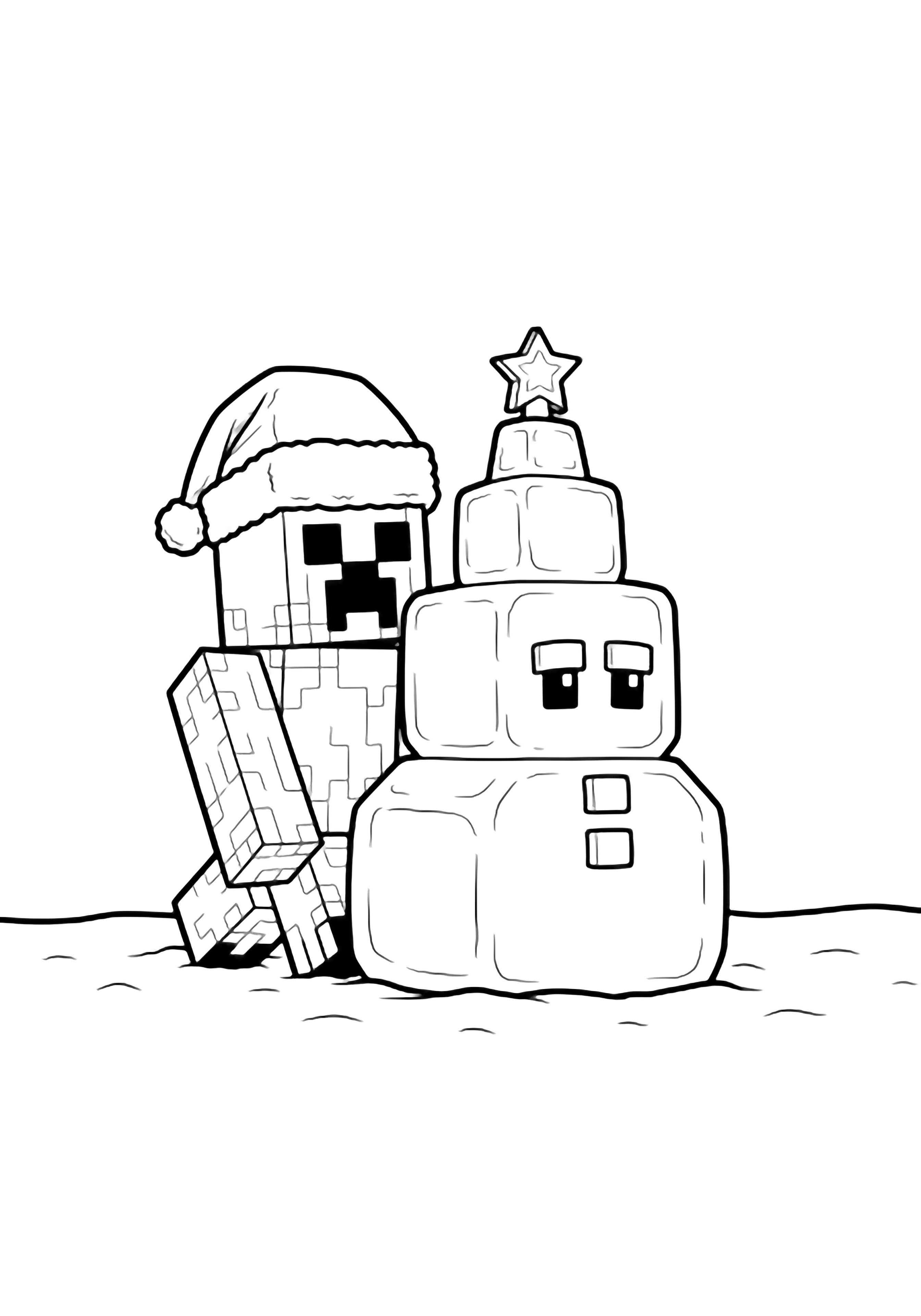 Creeper in Santa hat crouches behind snow golem shaped like Christmas tree with star, snowy ground kleurplaat