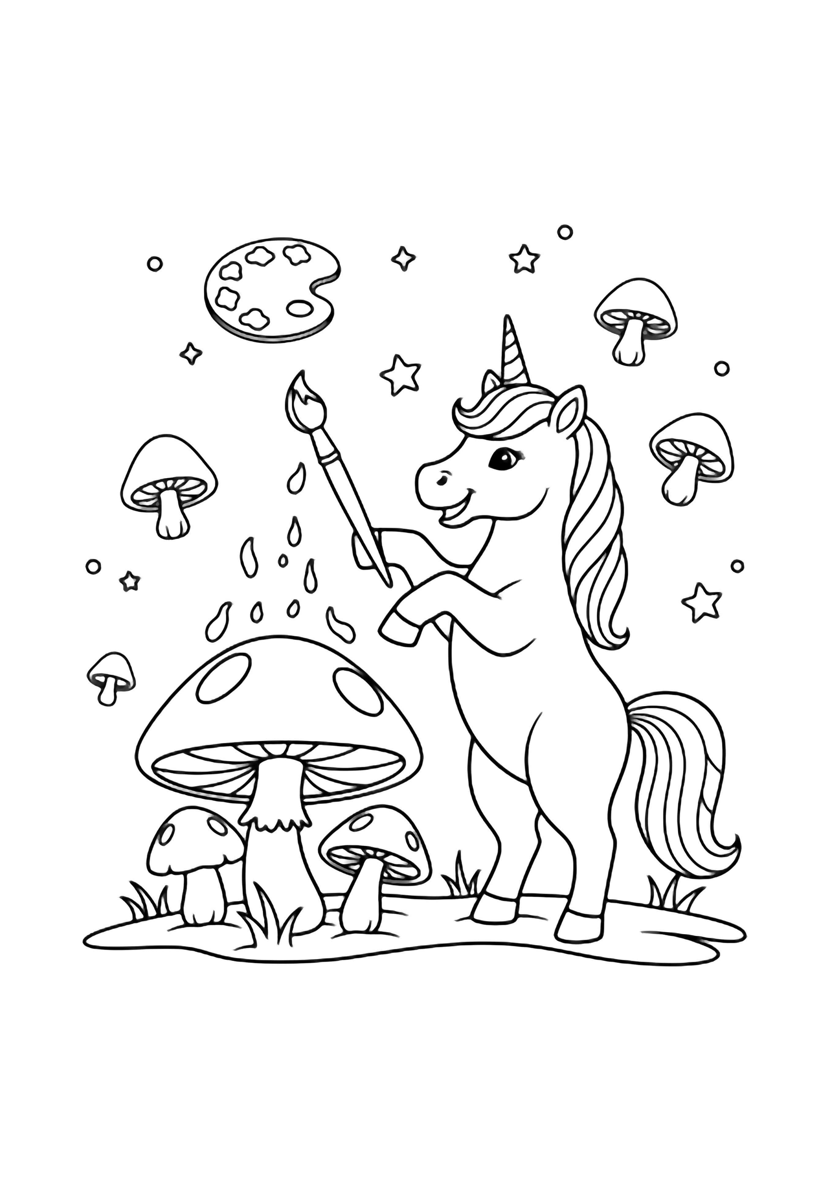 A playful unicorn rears up, paintbrush poised above a giant mushroom, while tiny mushrooms, a palette, and little stars drift around in simple grass. kleurplaat