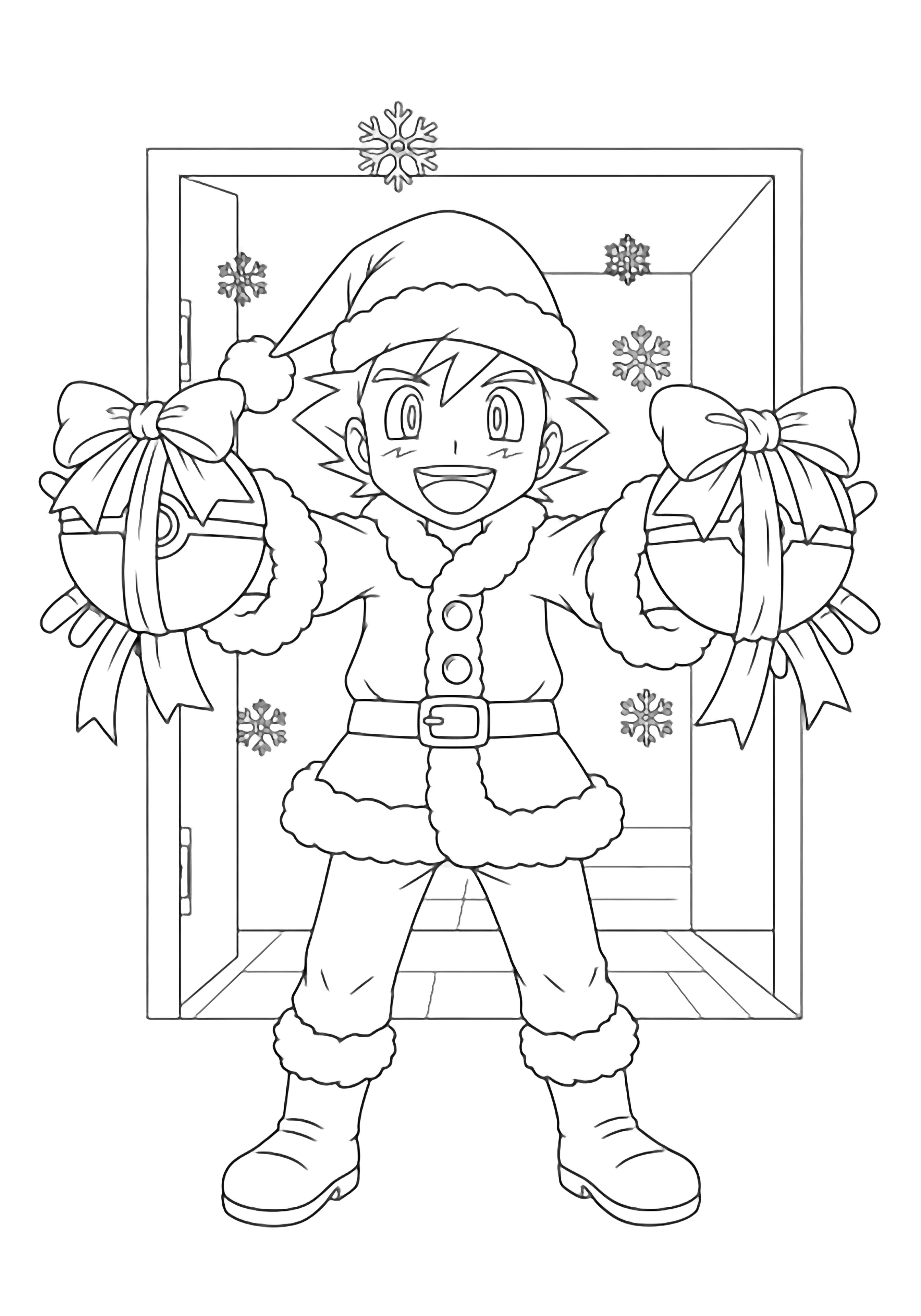 Ash in a Santa coat, arms wide, offering ribbon-tied Pok Balls; snowflakes and an open doorway behind. kleurplaat