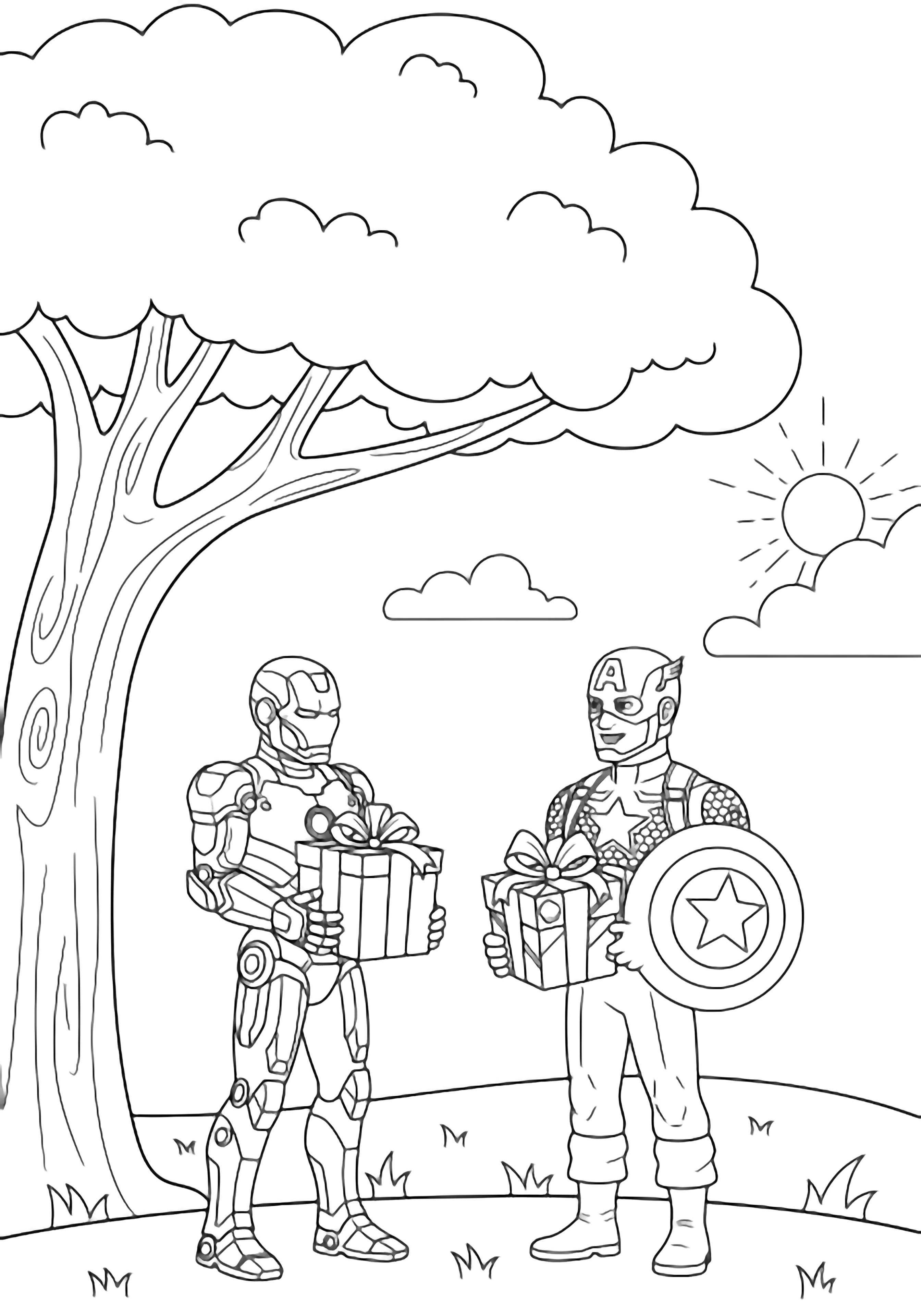 Iron Man and Captain America face each other, each holding a gift-wrapped gadget; a large tree above, simple grass line below, distant round sun and clouds. kleurplaat