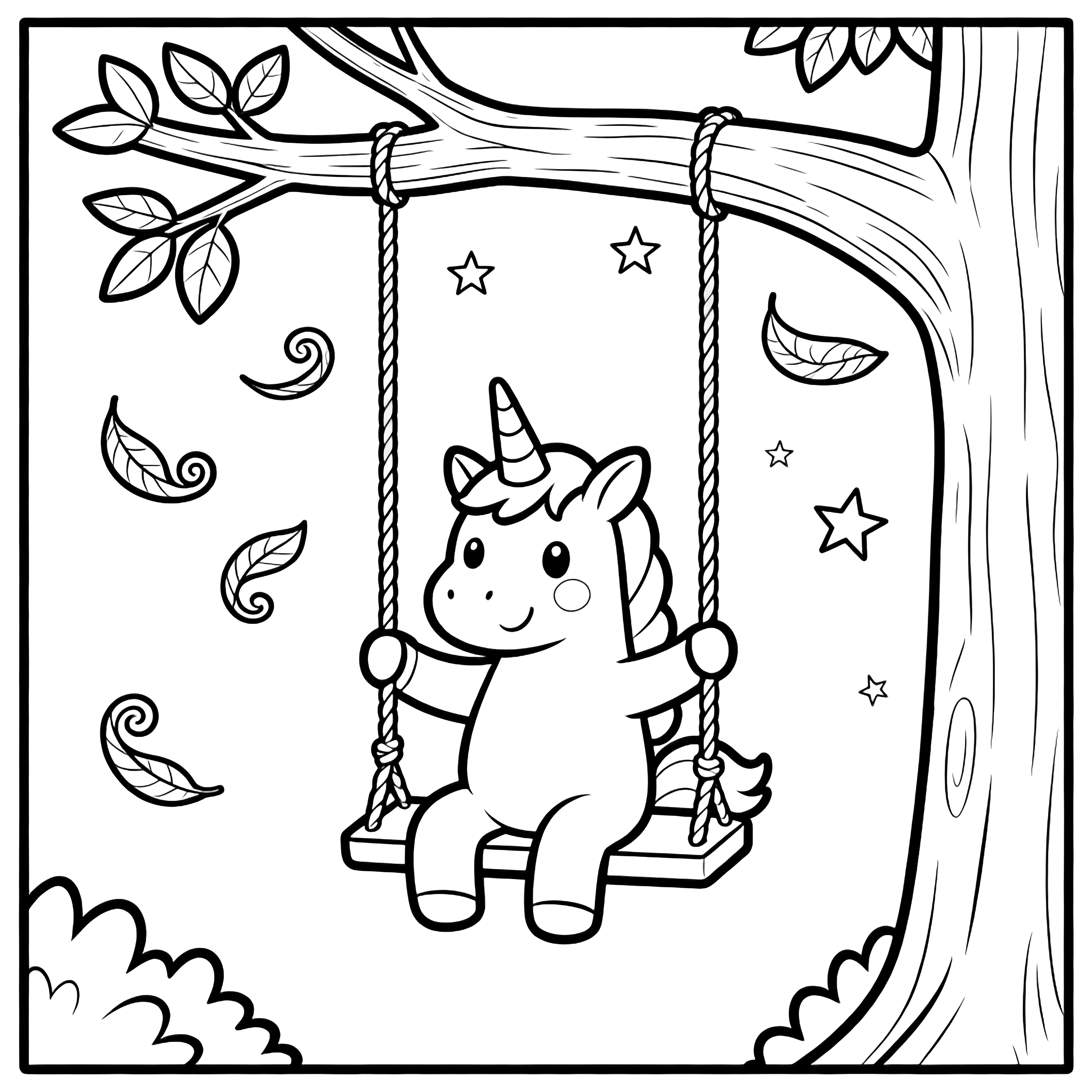 A smiling unicorn on a rope swing under a tree branch, with drifting leaves and twinkling stars around. kleurplaat