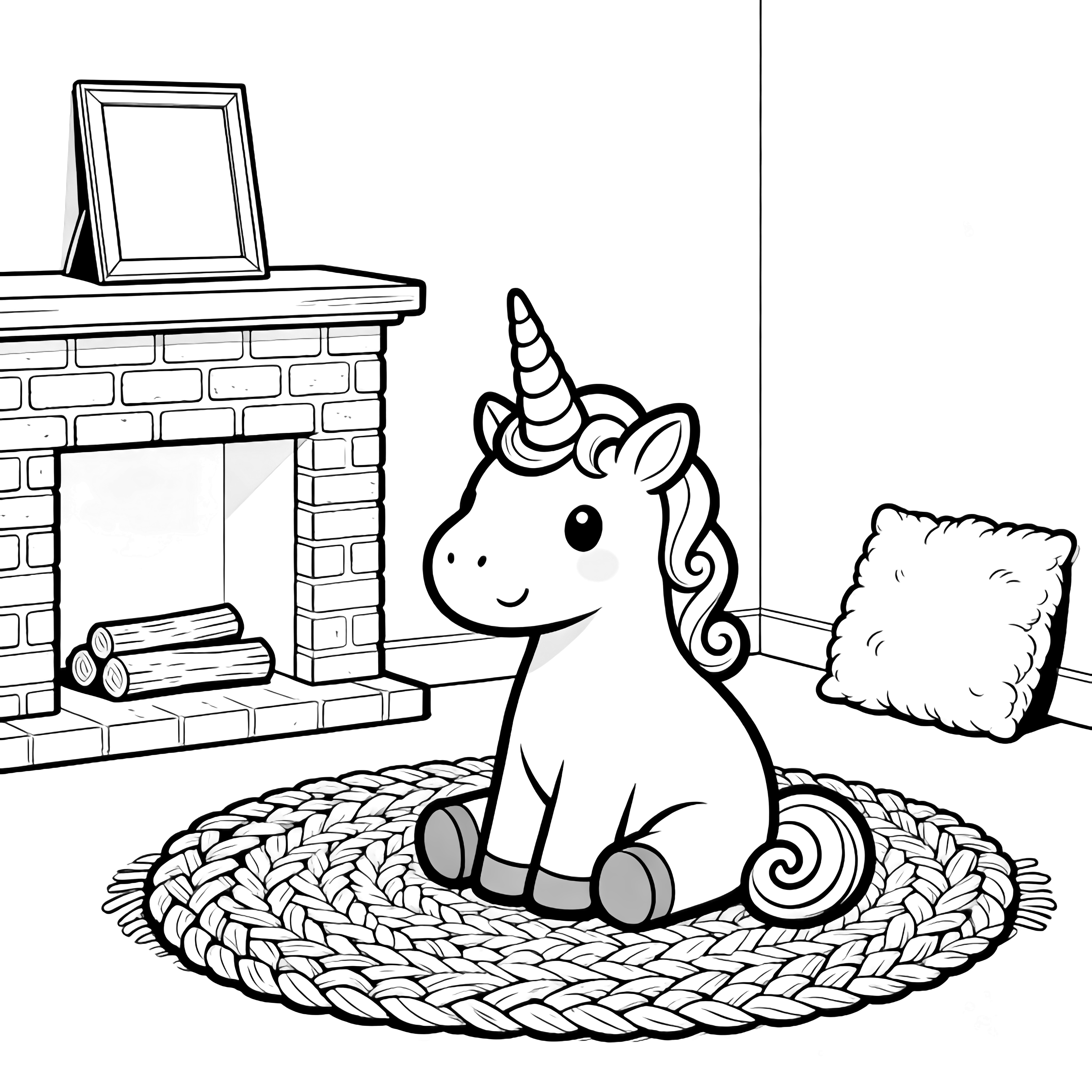 A curled unicorn rests on a braided rug beside a brick fireplace, fluffy pillow nearby, mantel holds an empty frame. kleurplaat