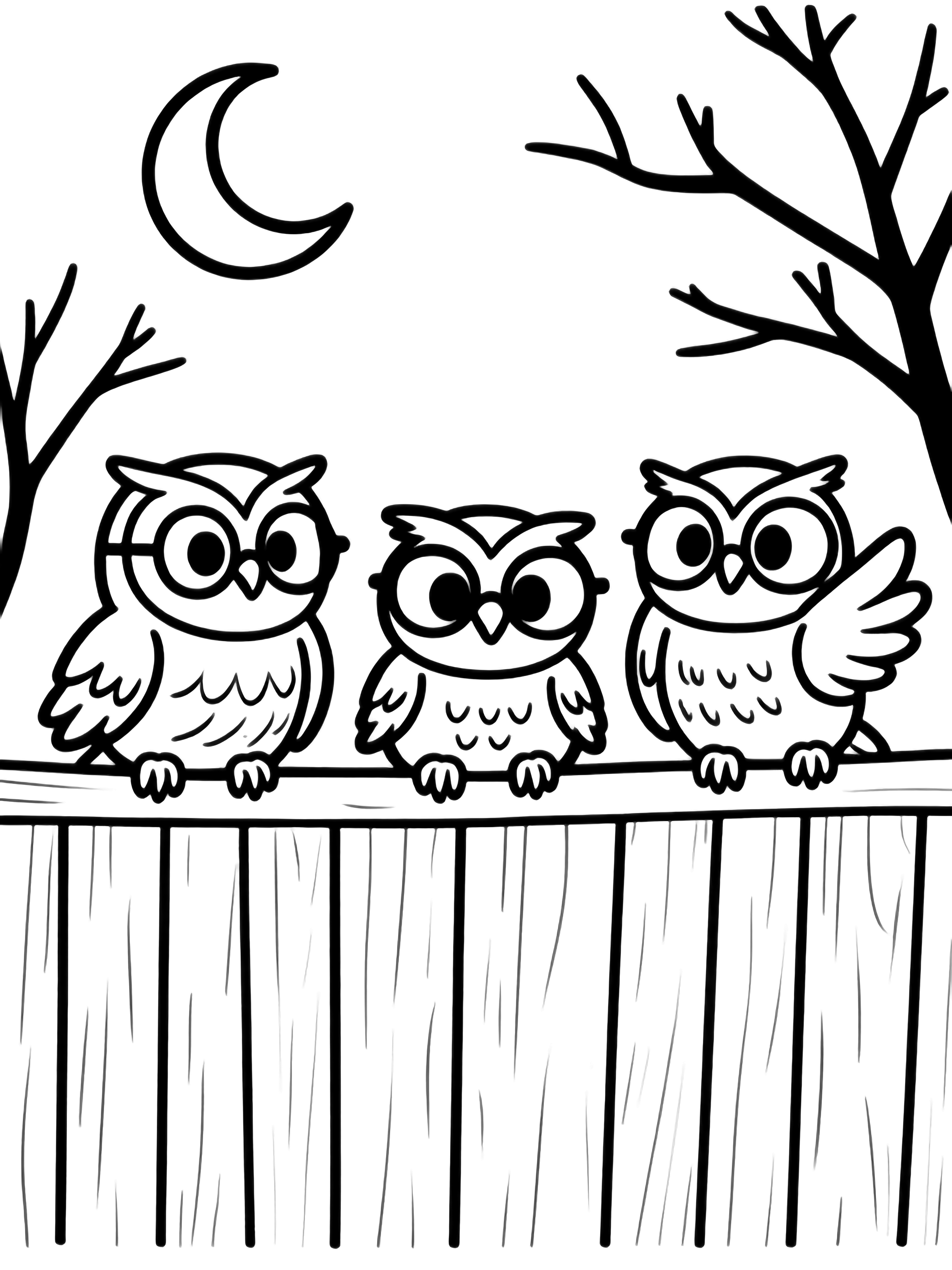 Three bespectacled round owls greet from a wooden fence, twigs and crescent moon behind them. kleurplaat